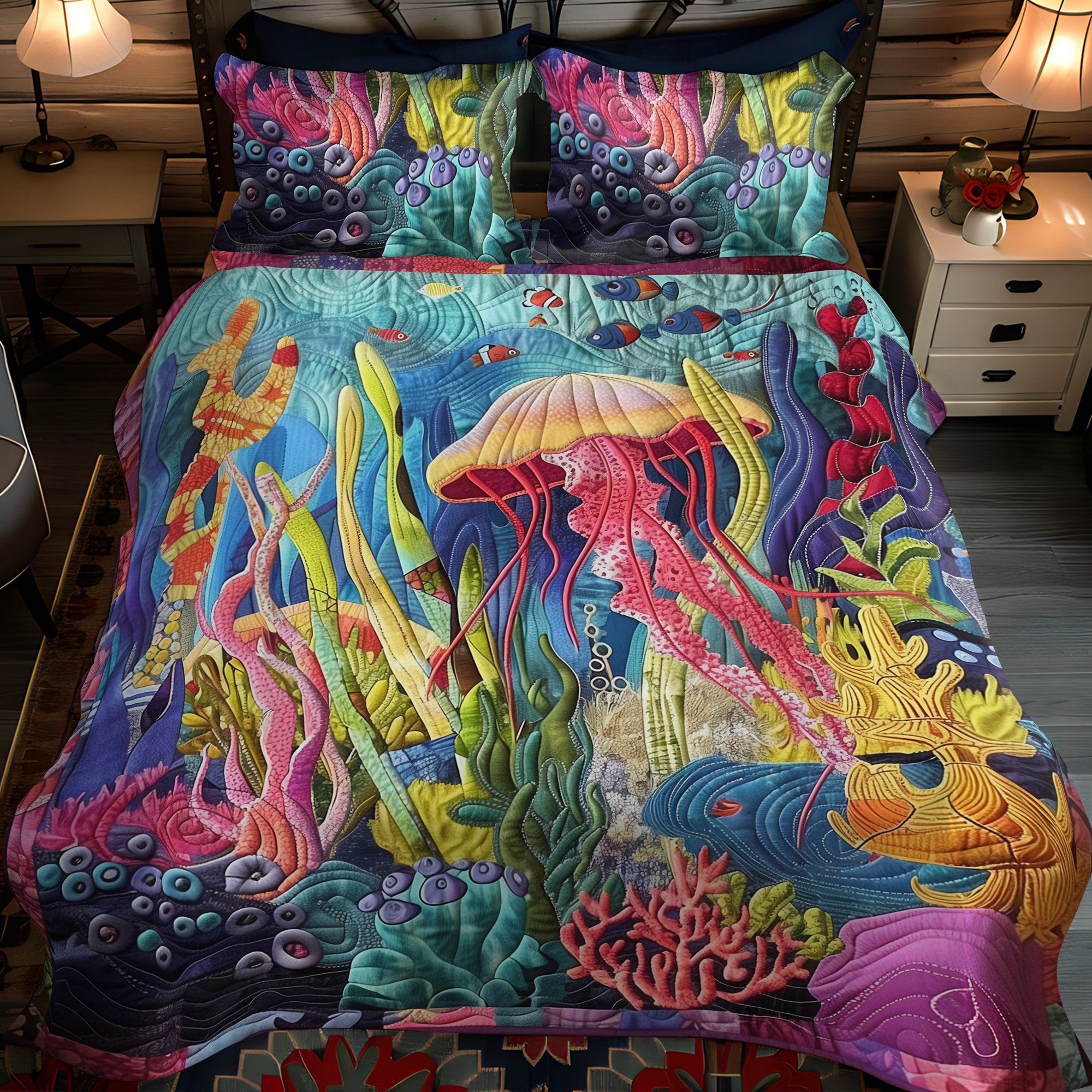 Set di Biancheria da Letto Trapuntata 3 Pezzi Barriera Corallina Mistica
