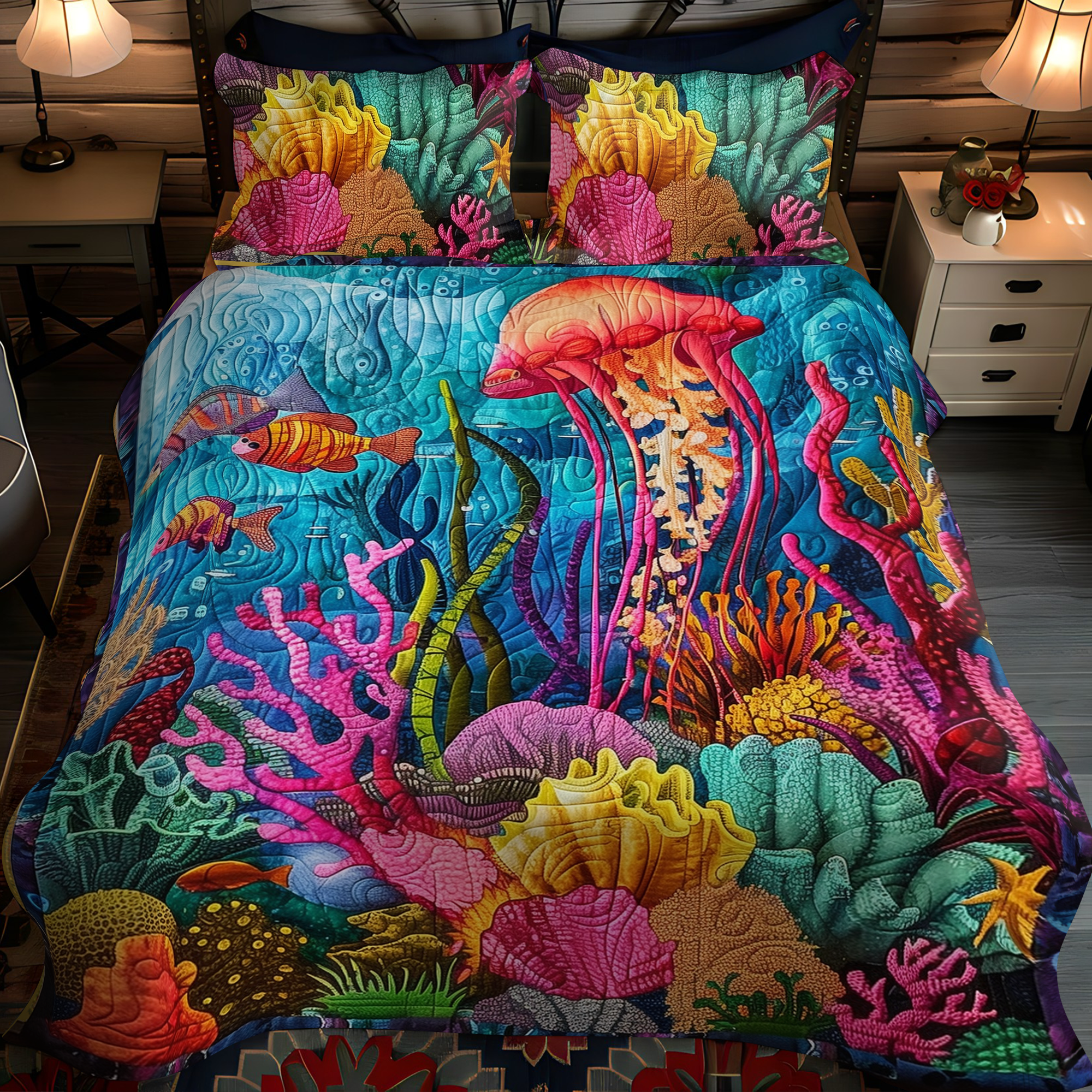 Set di Biancheria da Letto Trapuntata 3 Pezzi Ocean's Abbraccio