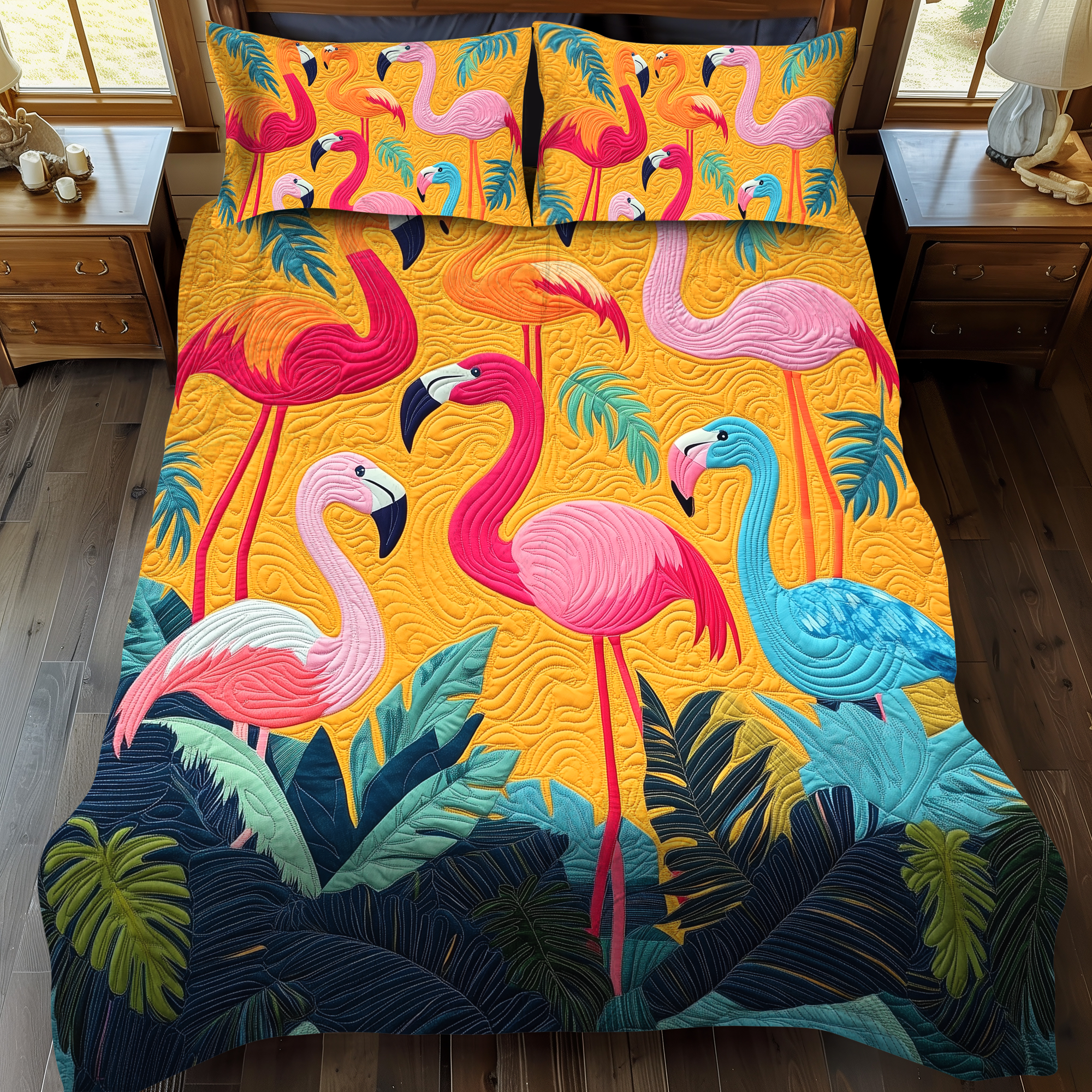 Set di Biancheria da Letto Trapuntata 3 Pezzi Fenicottero Adorabile