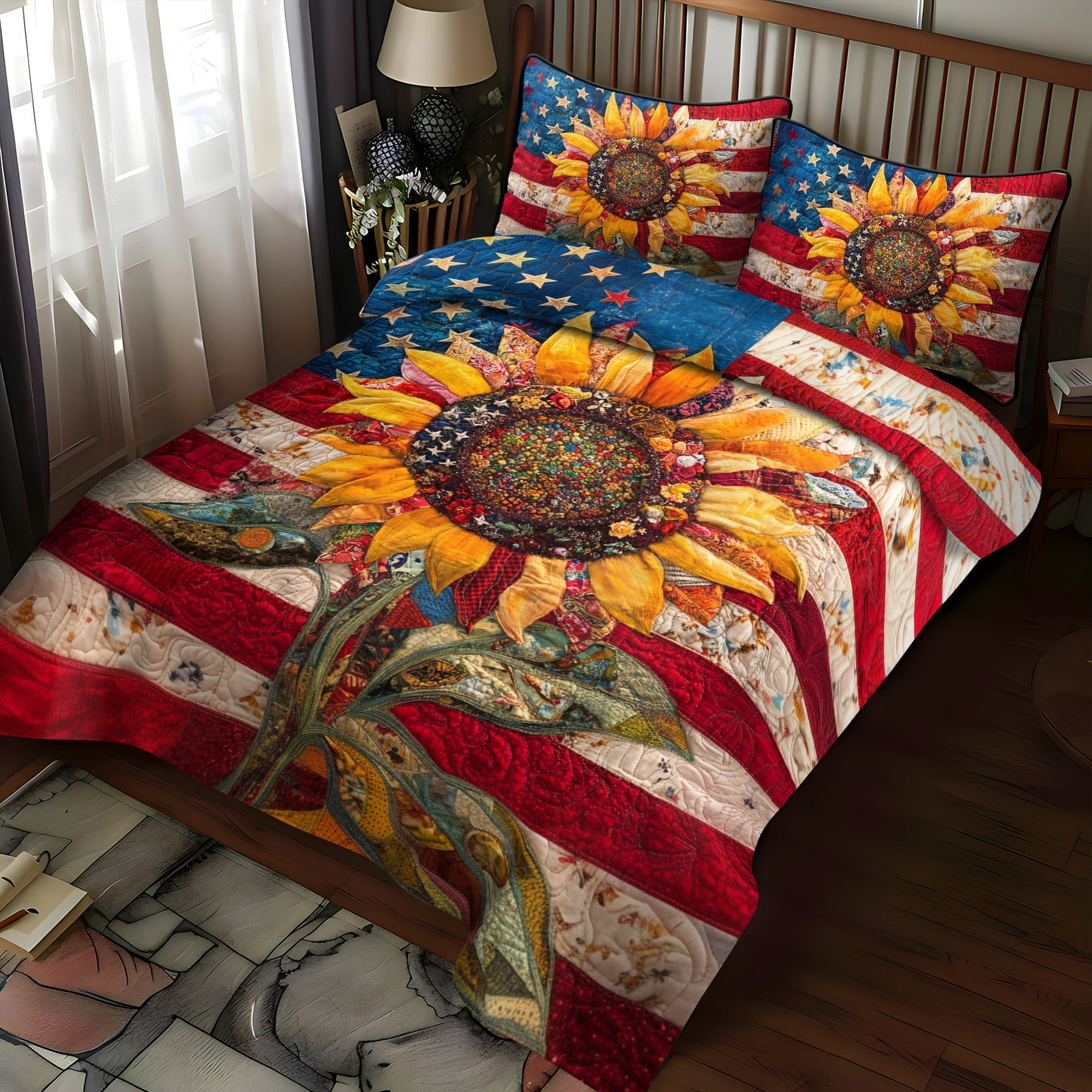 Set di Biancheria da Letto Trapuntata 3 Pezzi Fiore Americano
