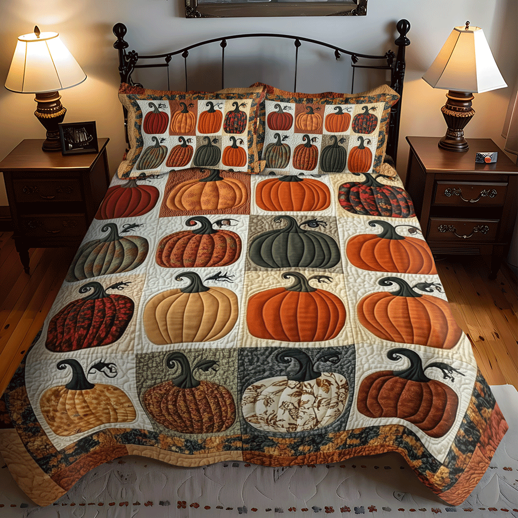 Set di Biancheria da Letto Trapuntata 3 Pezzi Zucche dell'Autunno