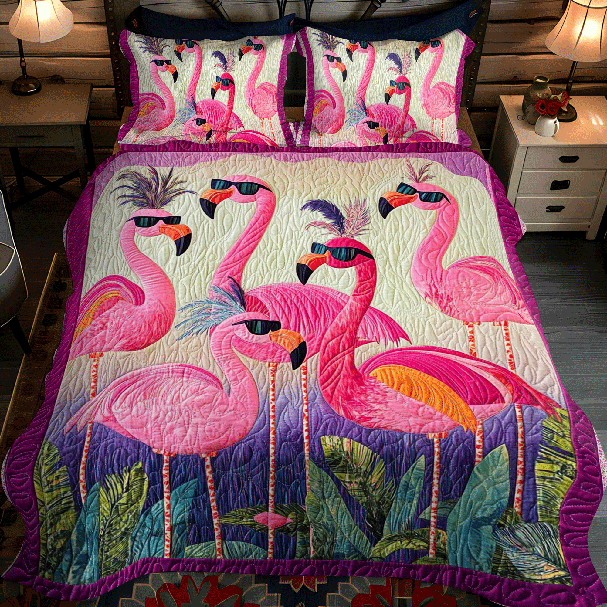 Set di Biancheria da Letto Trapuntata 3 Pezzi Beatitudine Luminosa del Fenicottero