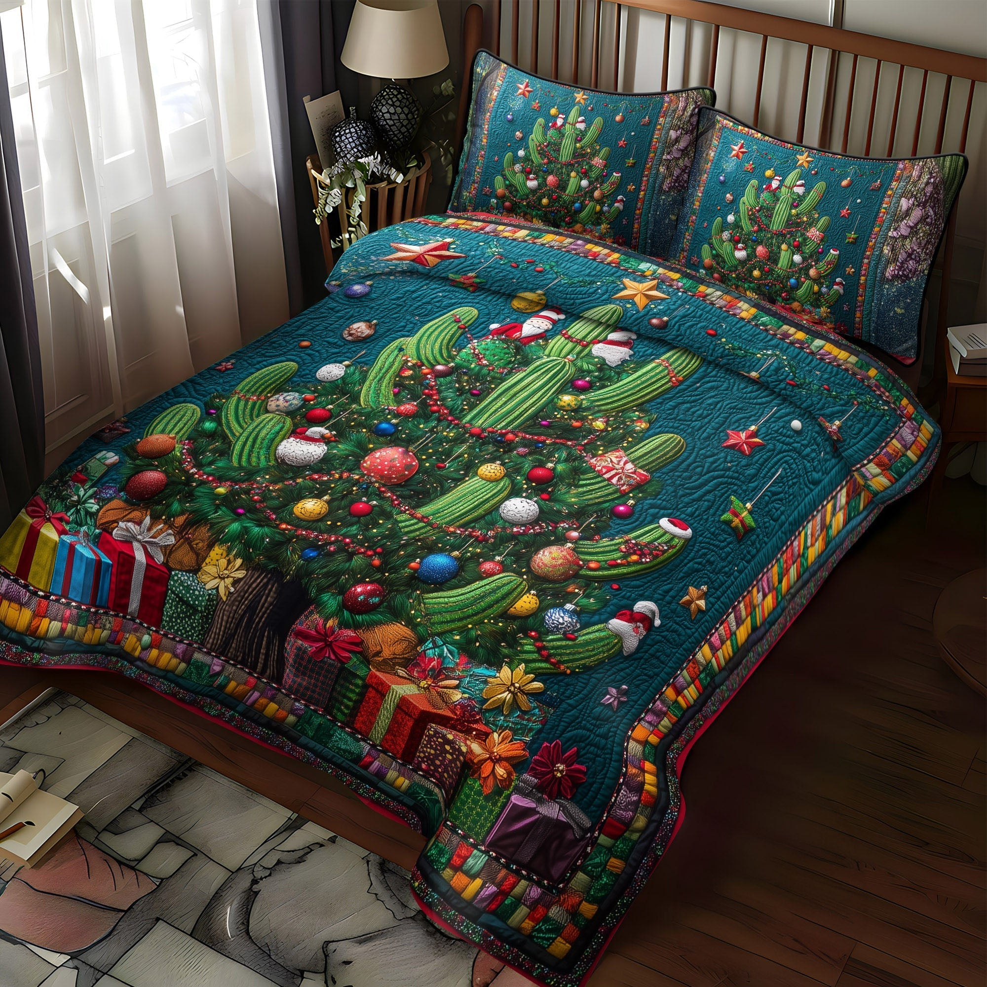 Set di Biancheria da Letto Trapuntata 3 Pezzi Riflessi del Cactus