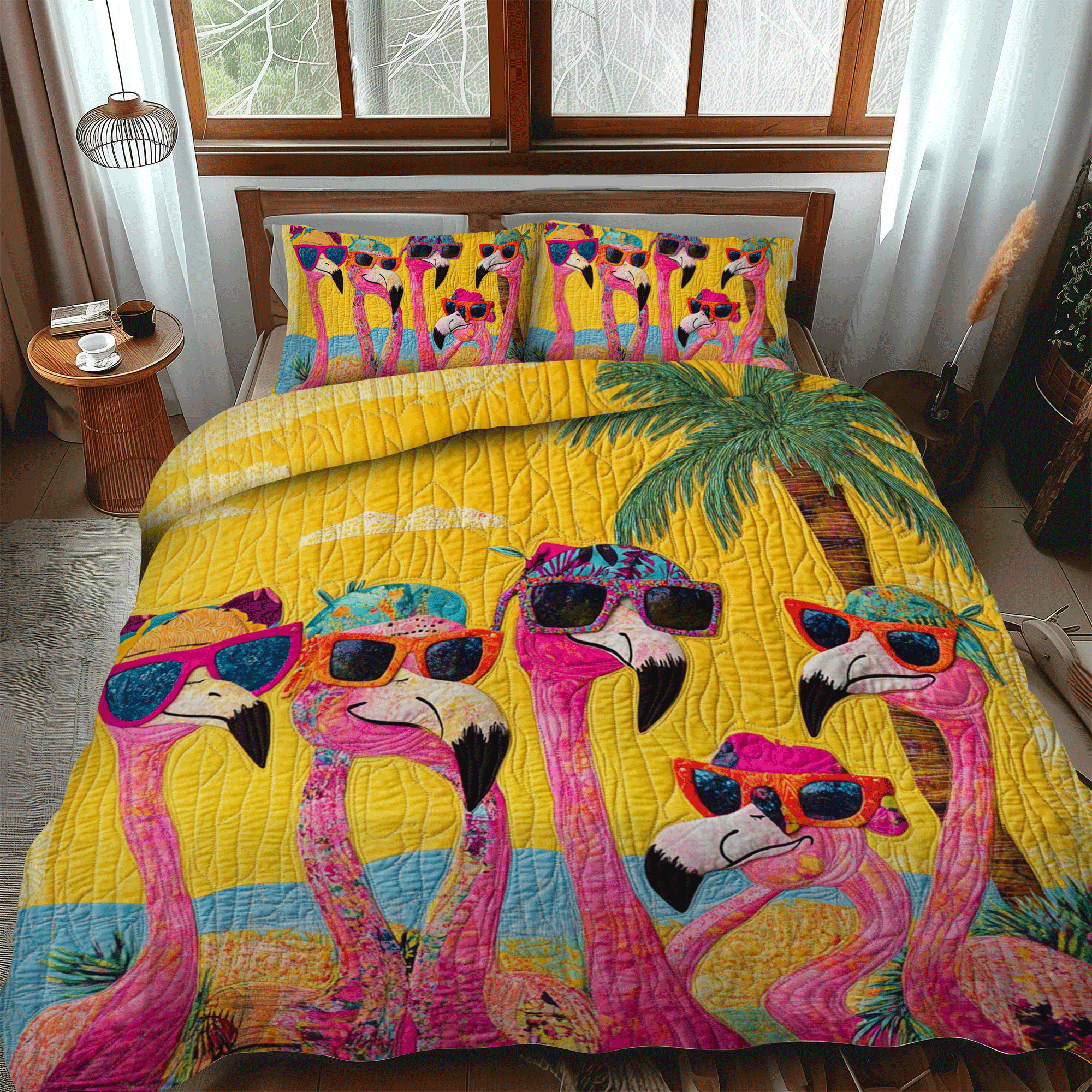 Set di Biancheria da Letto Trapuntata 3 Pezzi Fenicottero Affascinante