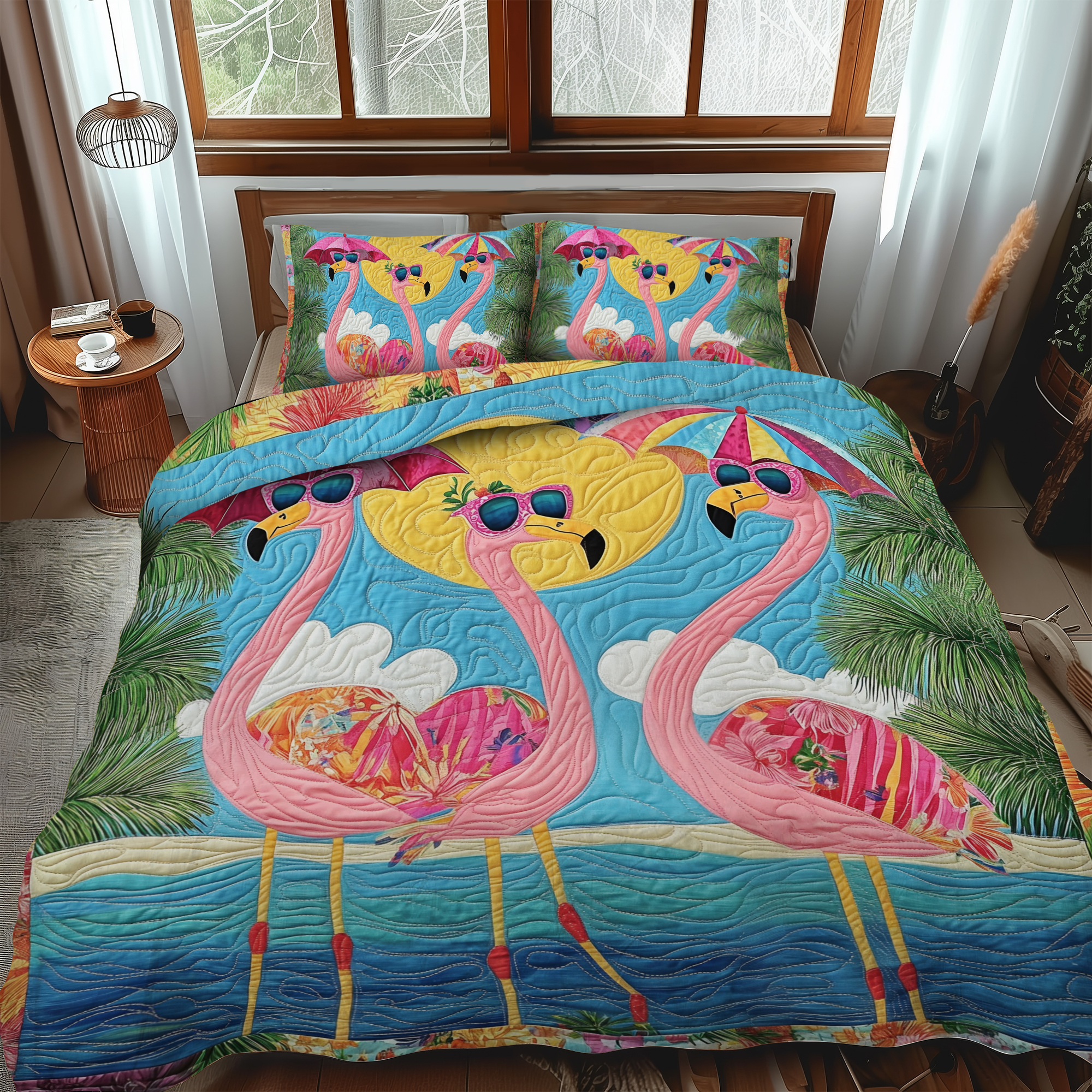 Set di Biancheria da Letto Trapuntata 3 Pezzi Fenicottero Affascinante