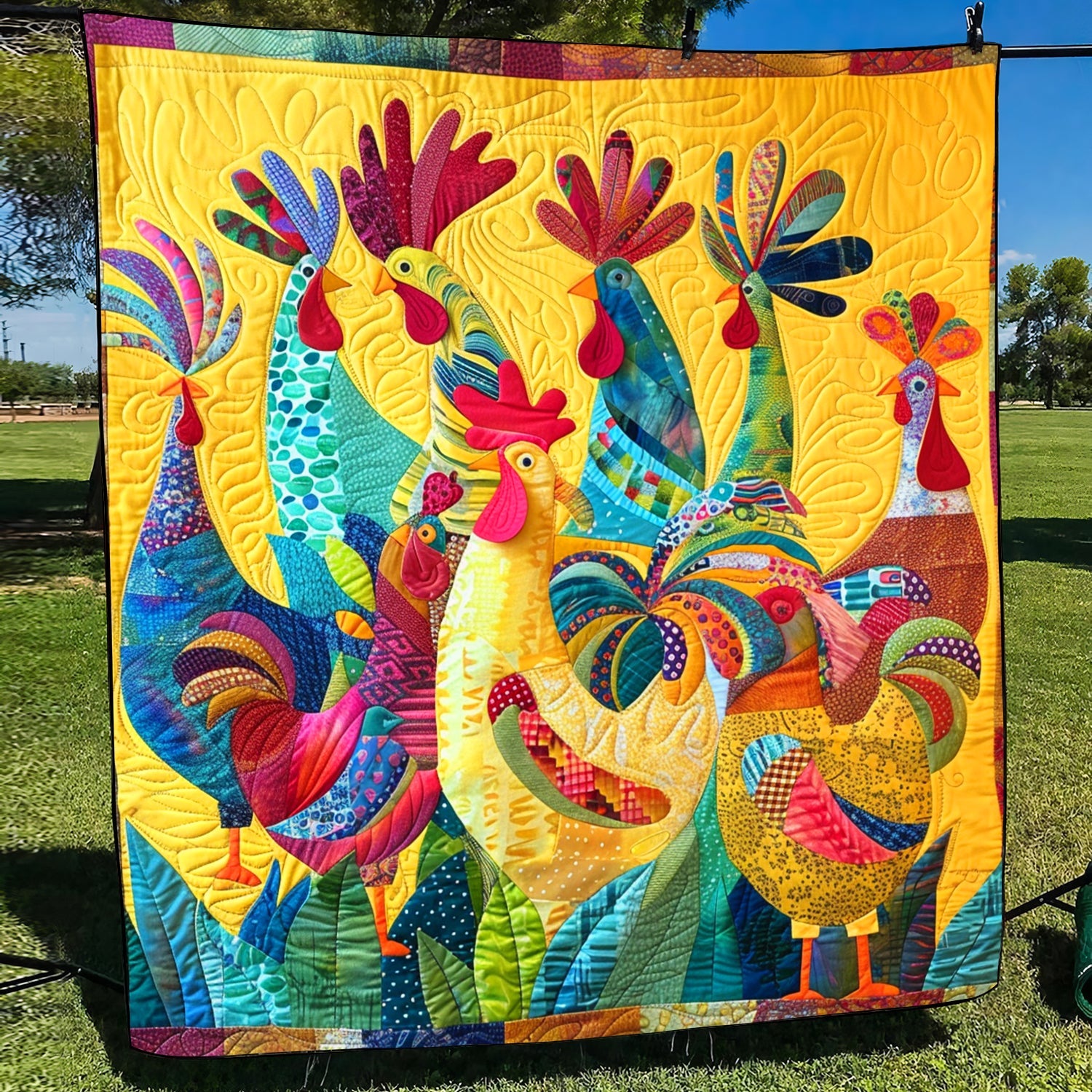 Canto del Gallo Colorato Quilt Artistico da Parete