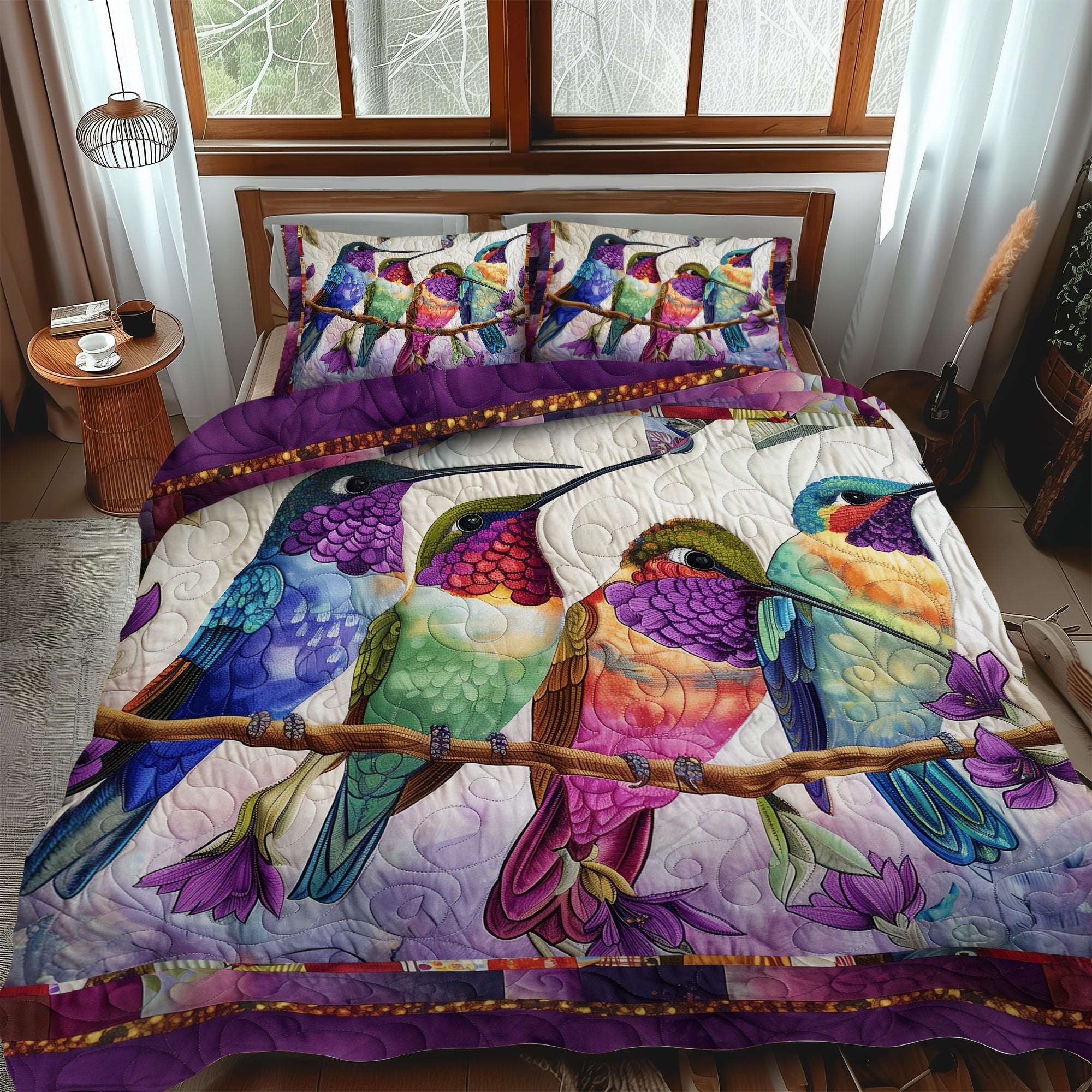 Set di Biancheria da Letto Trapuntata 3 Pezzi Colibrì Colorati
