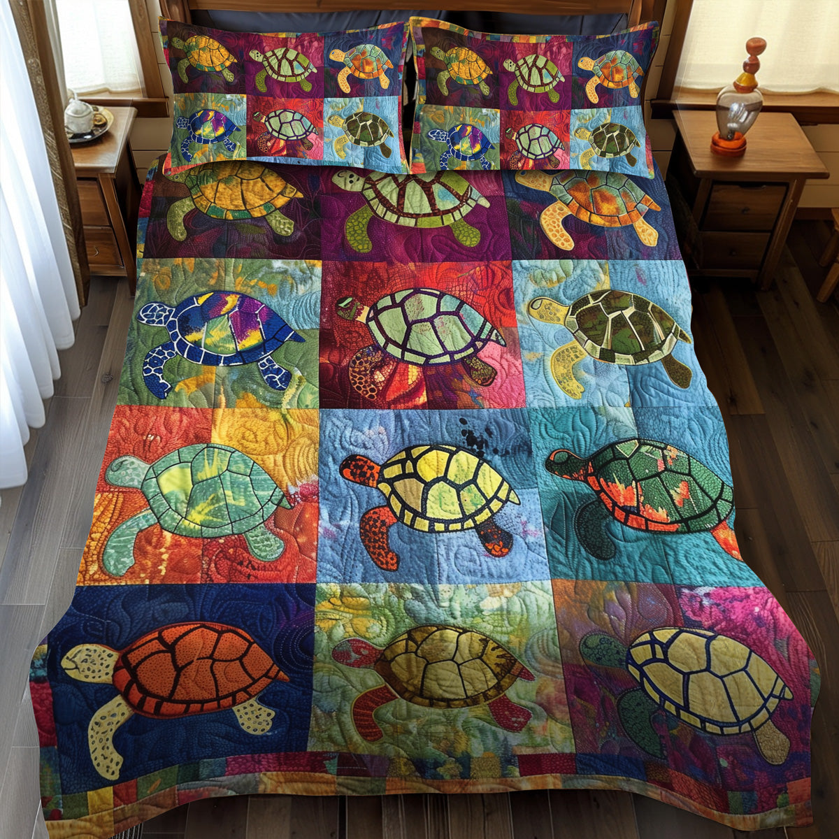 Set di Biancheria da Letto Trapuntata 3 Pezzi Tartarughe Colorate