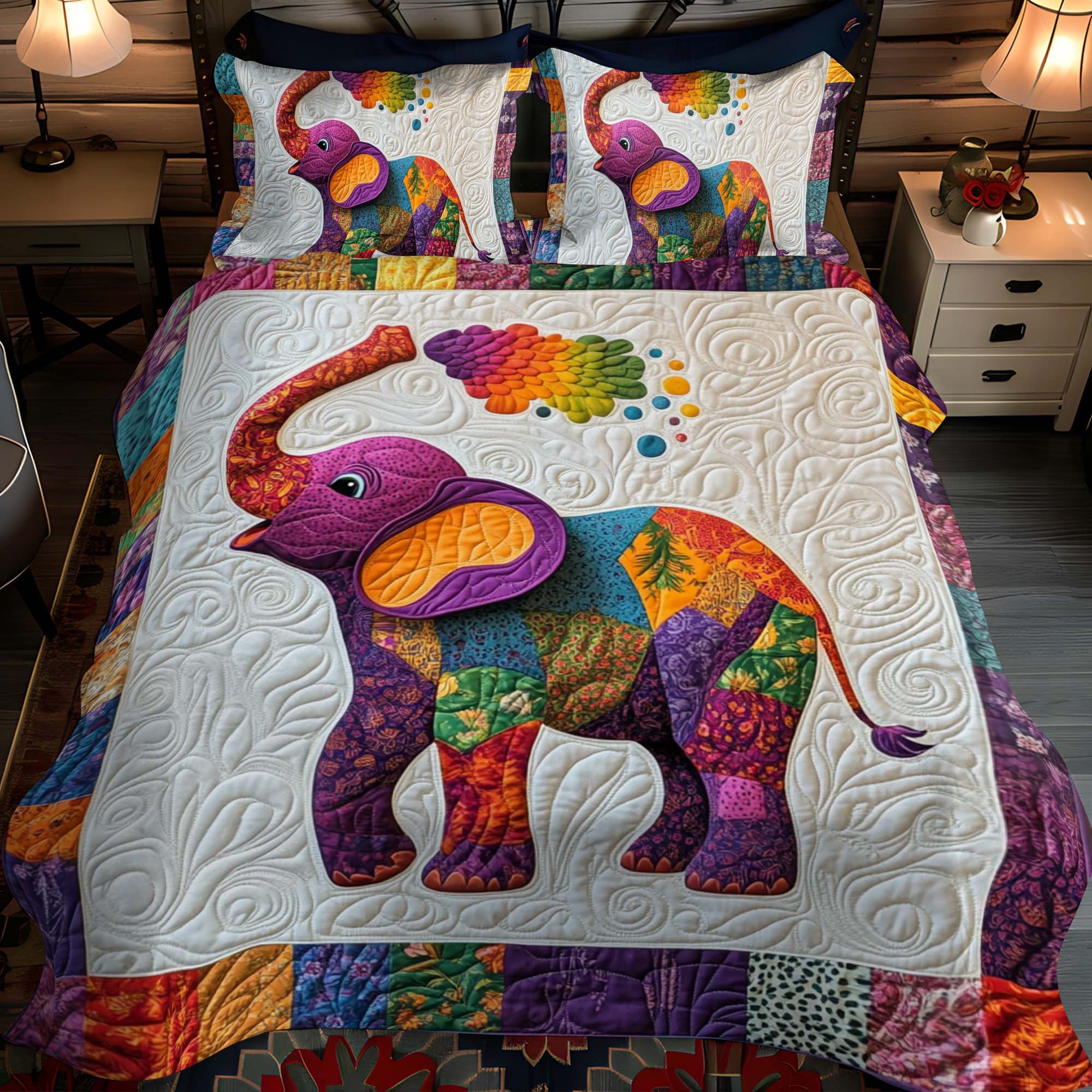Set di Biancheria da Letto Trapuntata 3 Pezzi Elefante Colorato