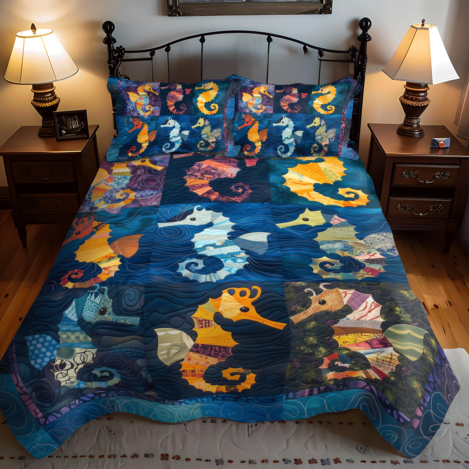 Set di Biancheria da Letto Trapuntata 3 Pezzi Cavallucci Marini Colorati