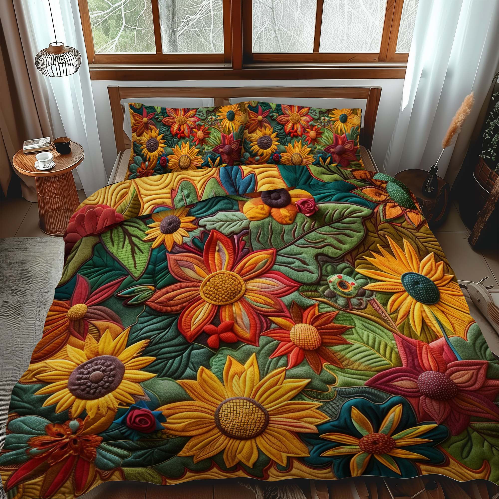 Set di Biancheria da Letto Trapuntata 3 Pezzi Girasoli Colorati