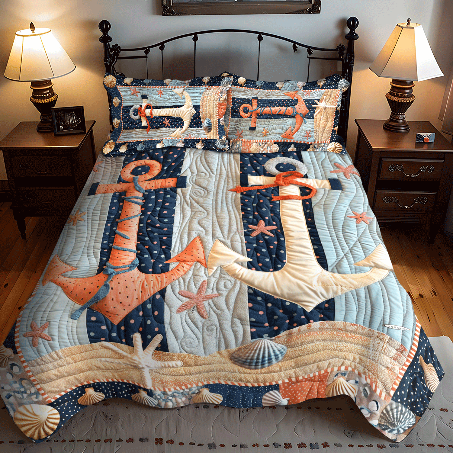 Set di Biancheria da Letto Trapuntata 3 Pezzi Ancore del Corallo