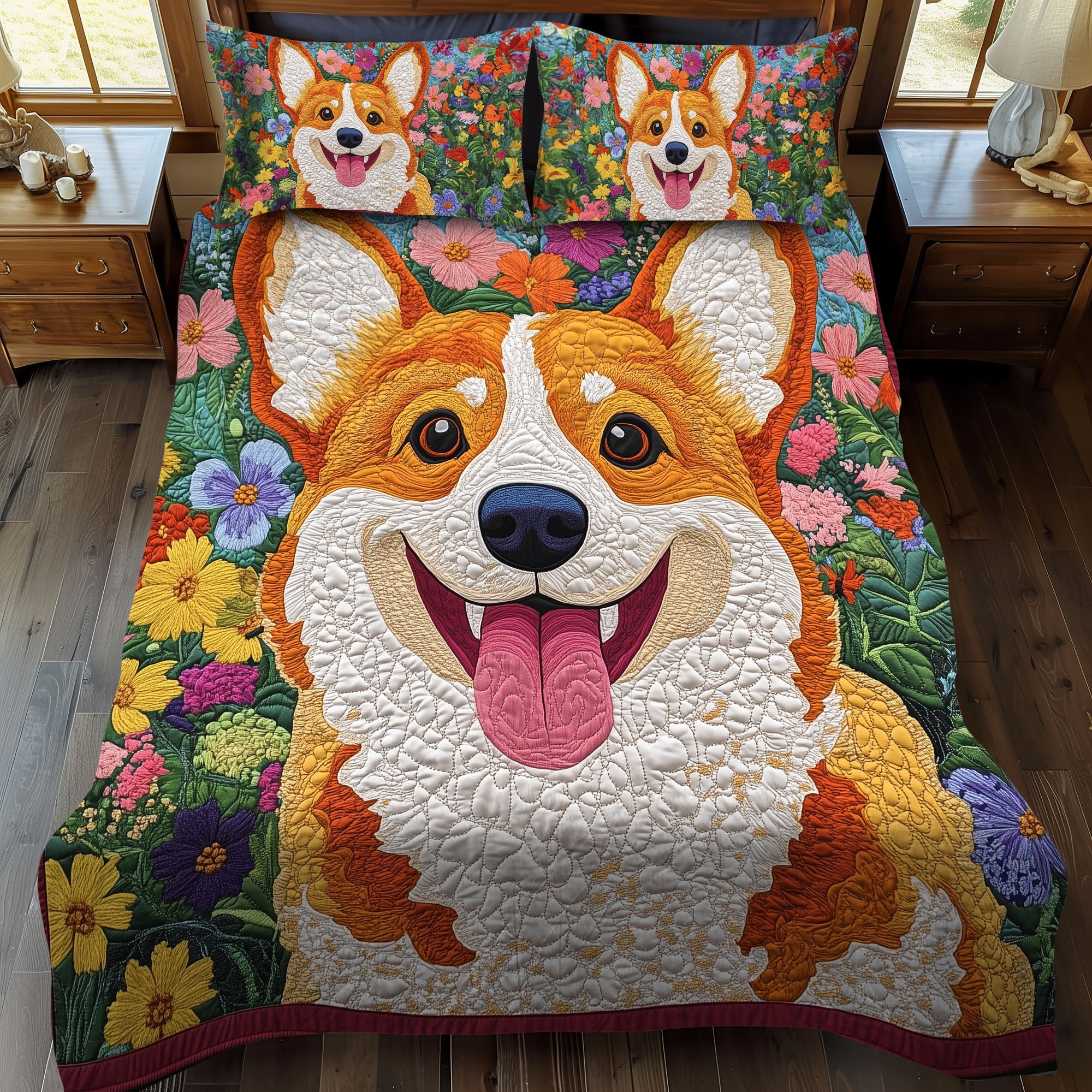 Set di Biancheria da Letto Trapuntata 3 Pezzi Corgi in Fioritura