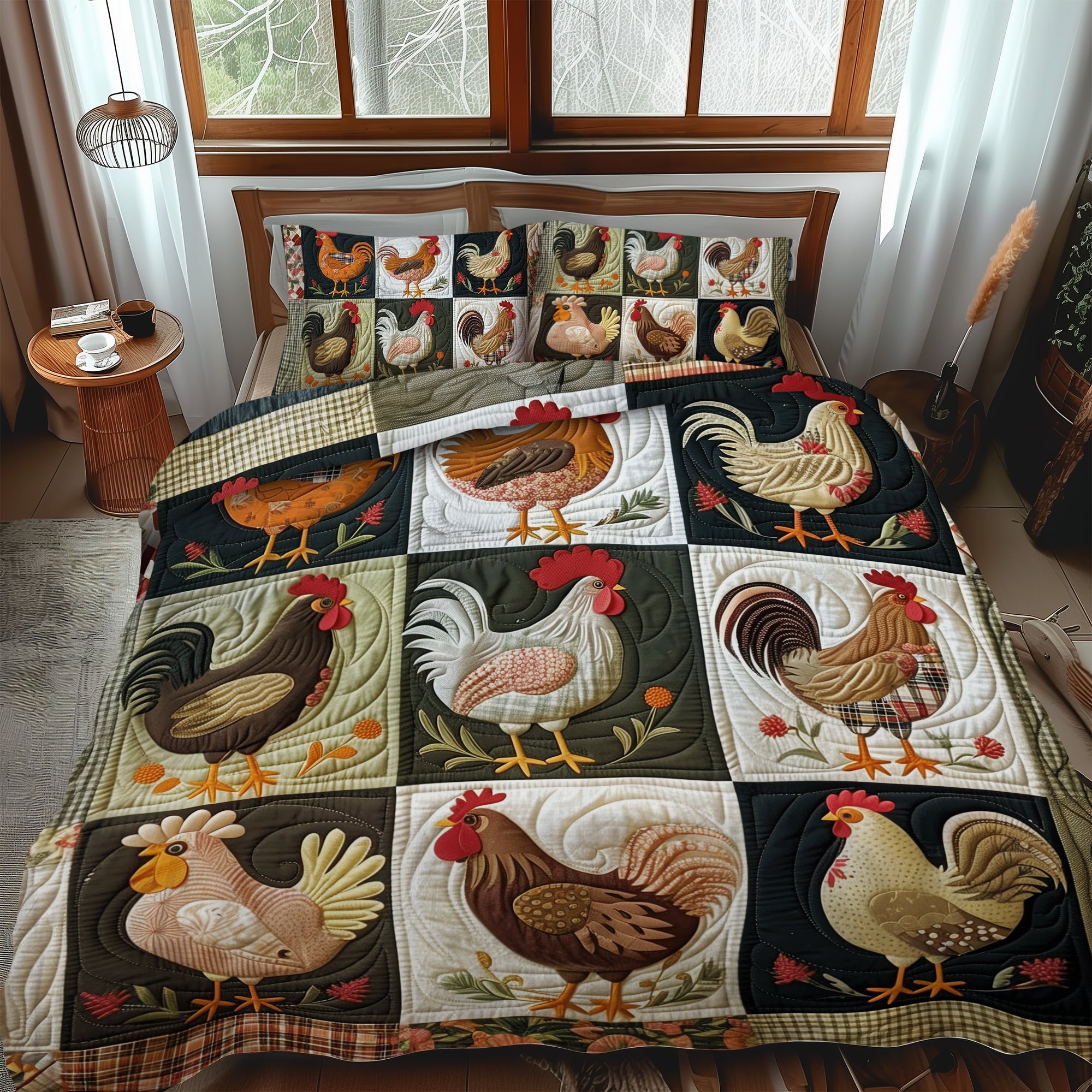 Set di Biancheria da Letto Trapuntata 3 Pezzi Galline del Cottage