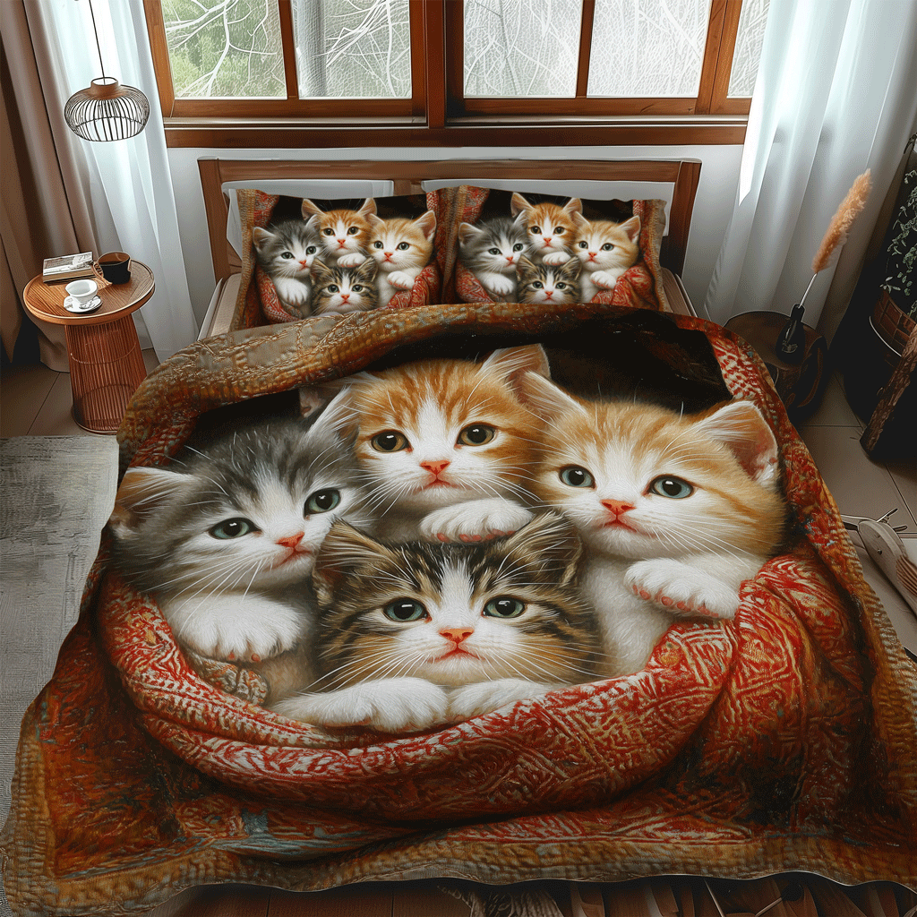 Set di Biancheria da Letto Trapuntata 3 Pezzi Gatto Accogliente