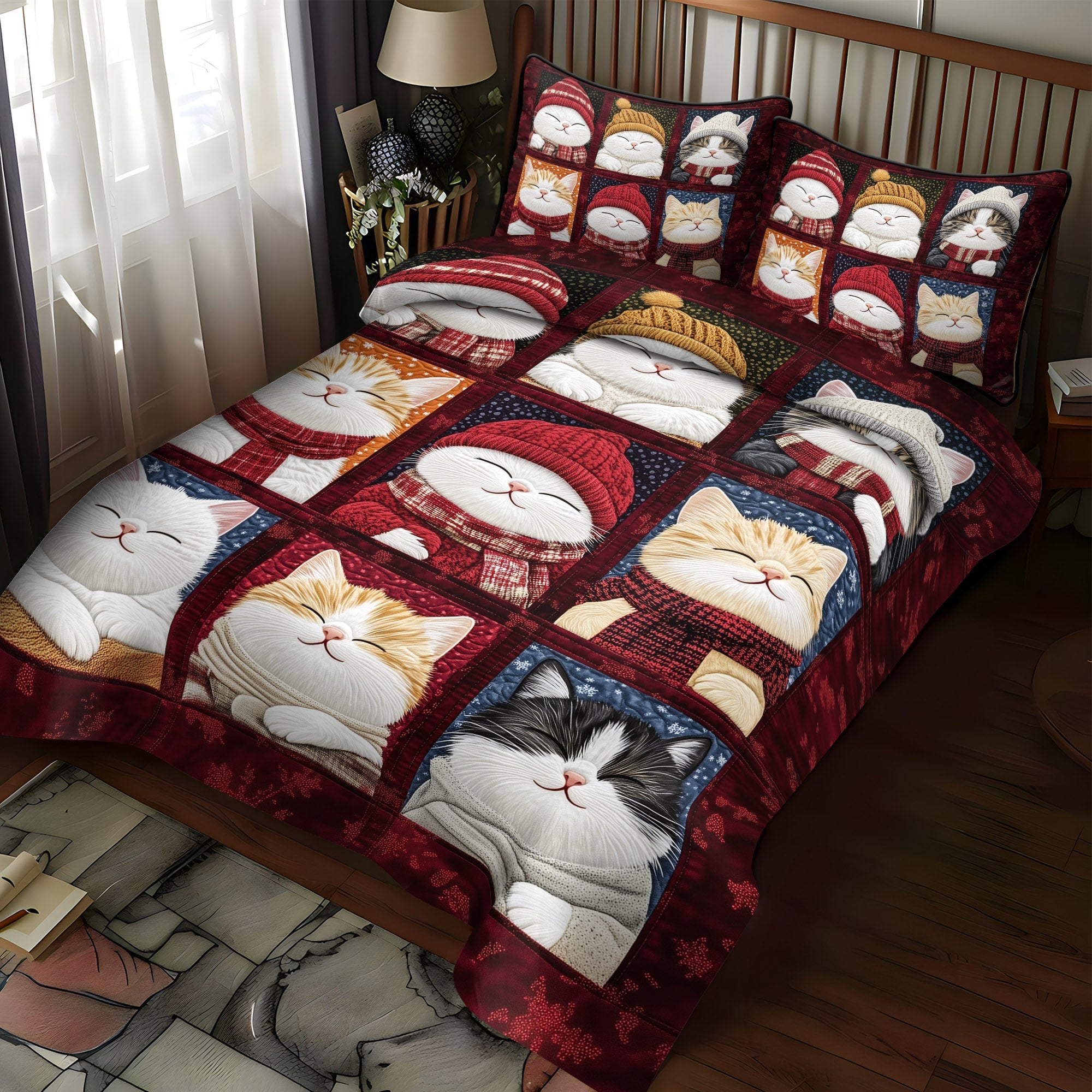 Set di Biancheria da Letto Trapuntata 3 Pezzi Gatti Accoglienti