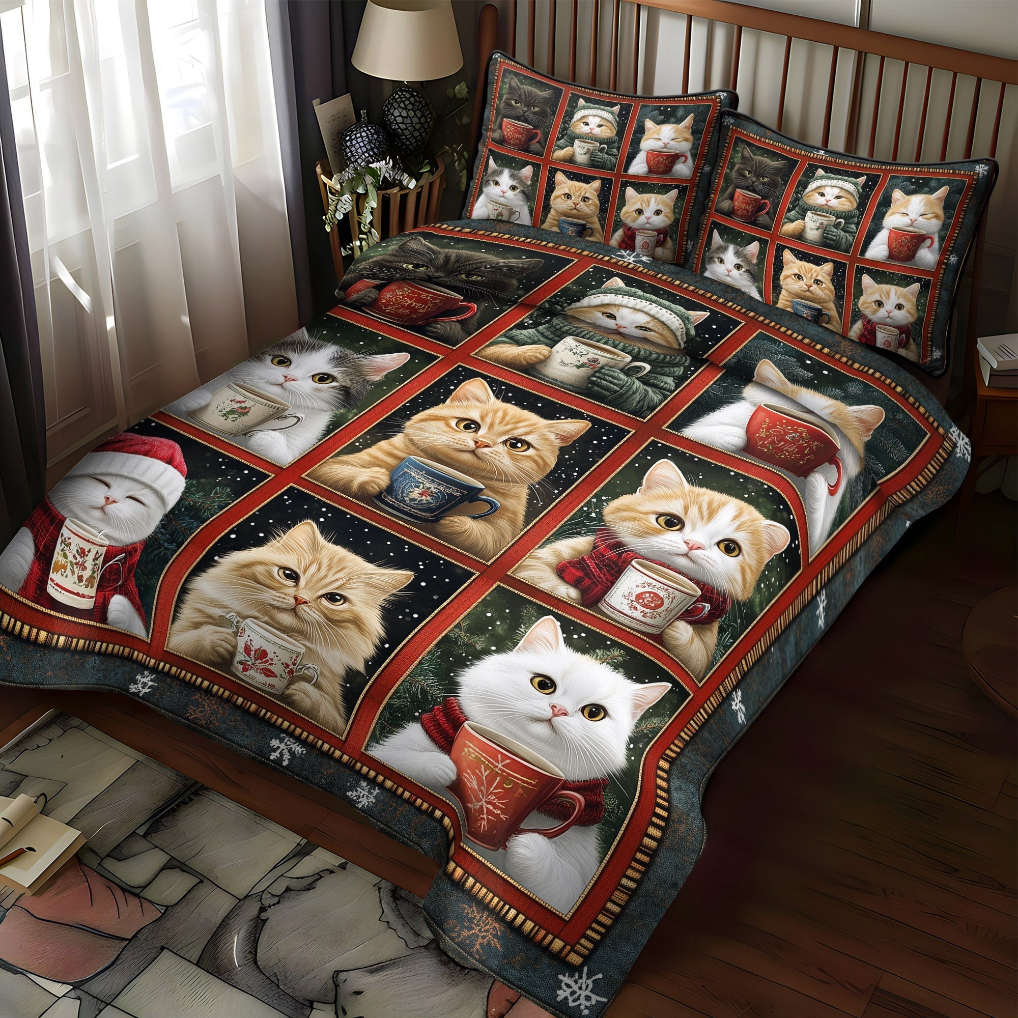 Set di Biancheria da Letto Trapuntata 3 Pezzi Gatti Accoglienti del Natale