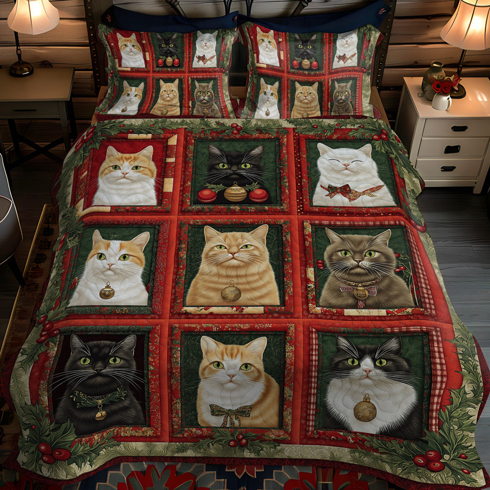 Set di Biancheria da Letto Trapuntata 3 Pezzi Gatti Accoglienti del Natale