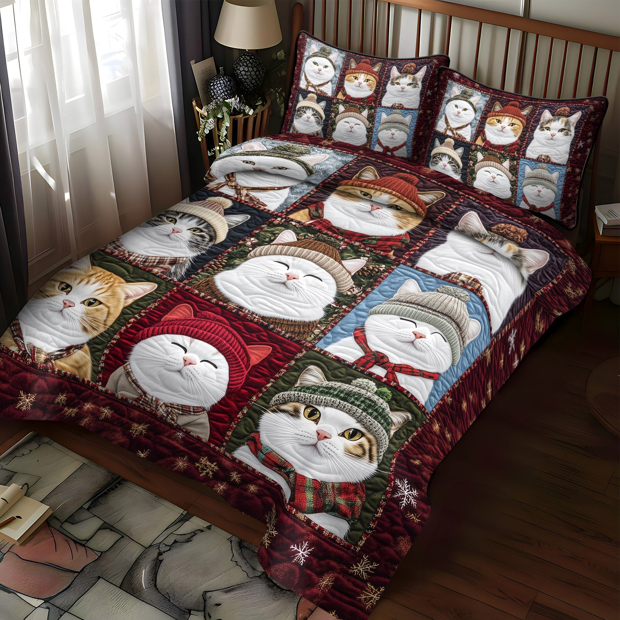 Set di Biancheria da Letto Trapuntata 3 Pezzi Gatti Coccolosi