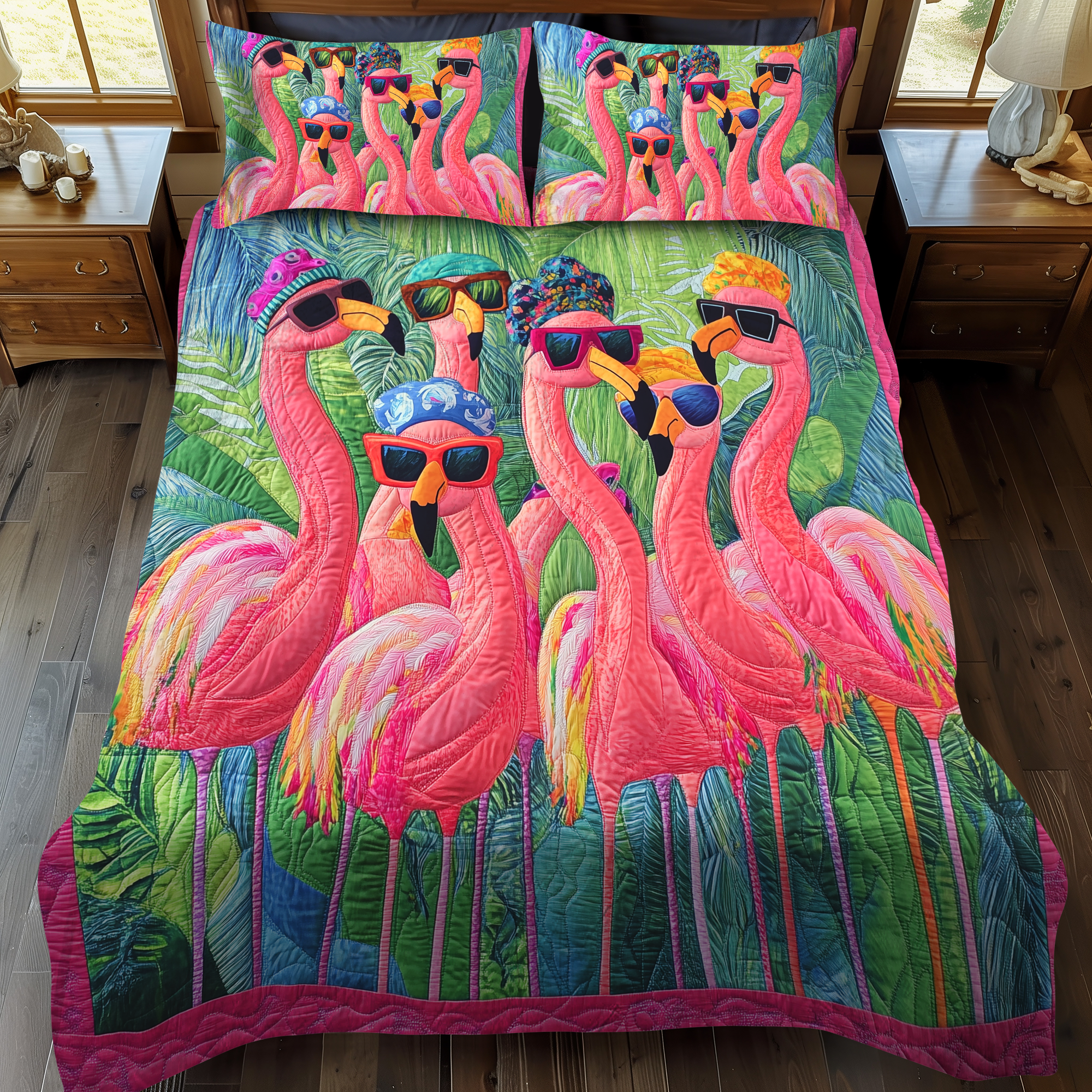 Set di Biancheria da Letto Trapuntata 3 Pezzi Fenicottero Carino