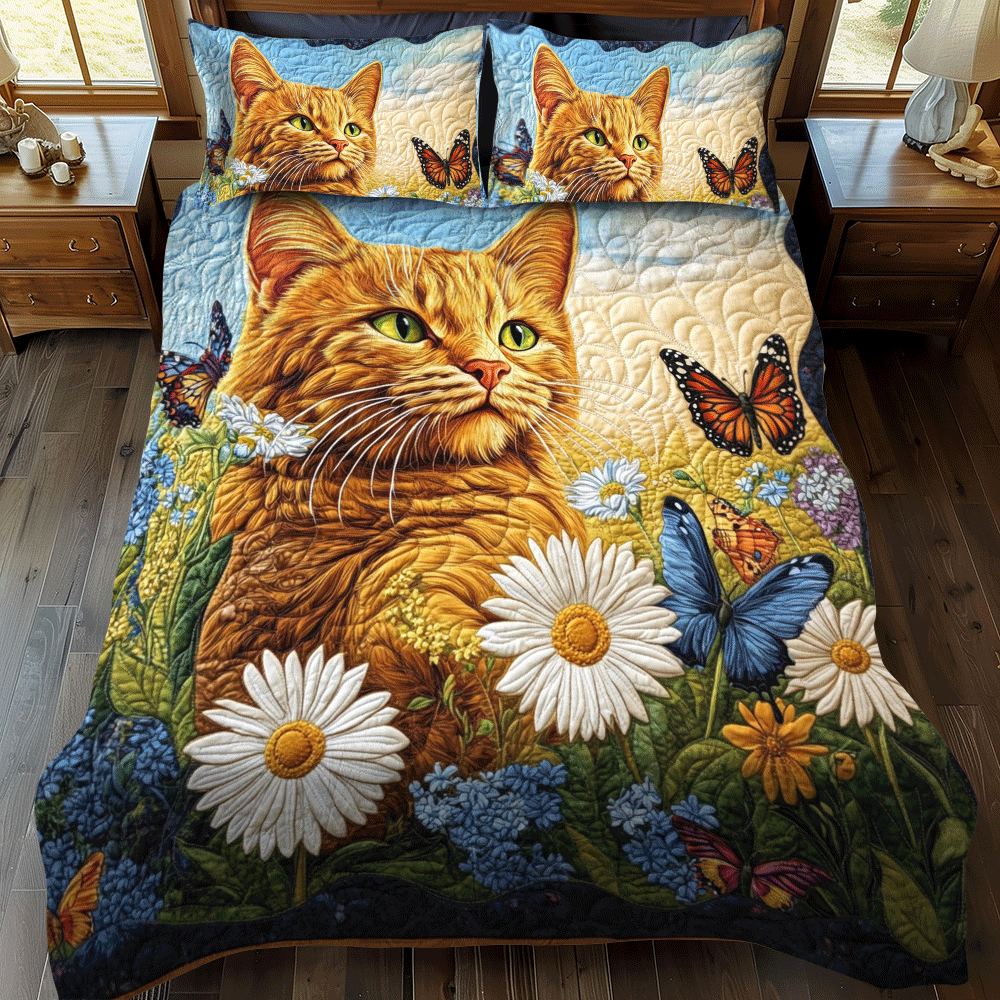 Set di Biancheria da Letto Trapuntata 3 Pezzi Gatto della Margherita delle Farfalle