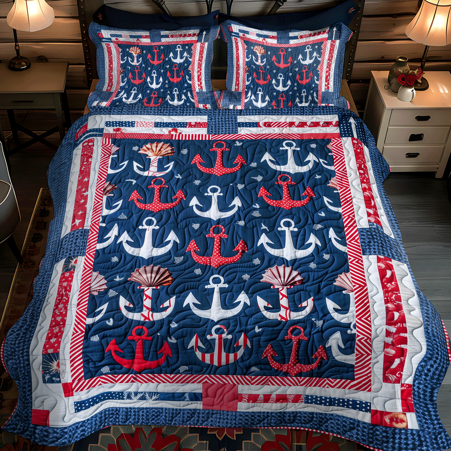 Set di Biancheria da Letto Trapuntata 3 Pezzi Ancore Profonde del Mare