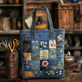 Fioritura Denim Borsa Tote Trapuntata