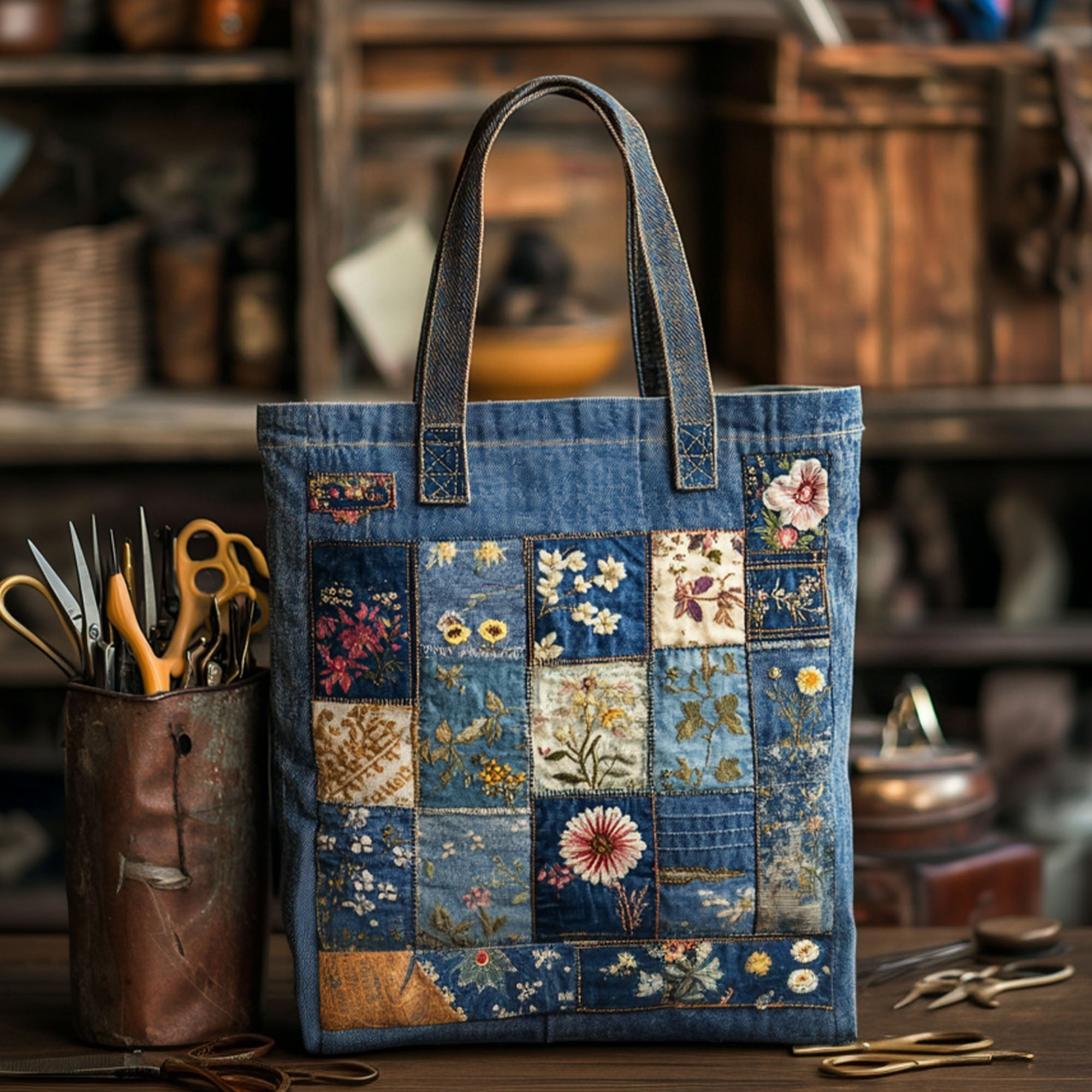 Fioritura Denim Borsa Tote Trapuntata