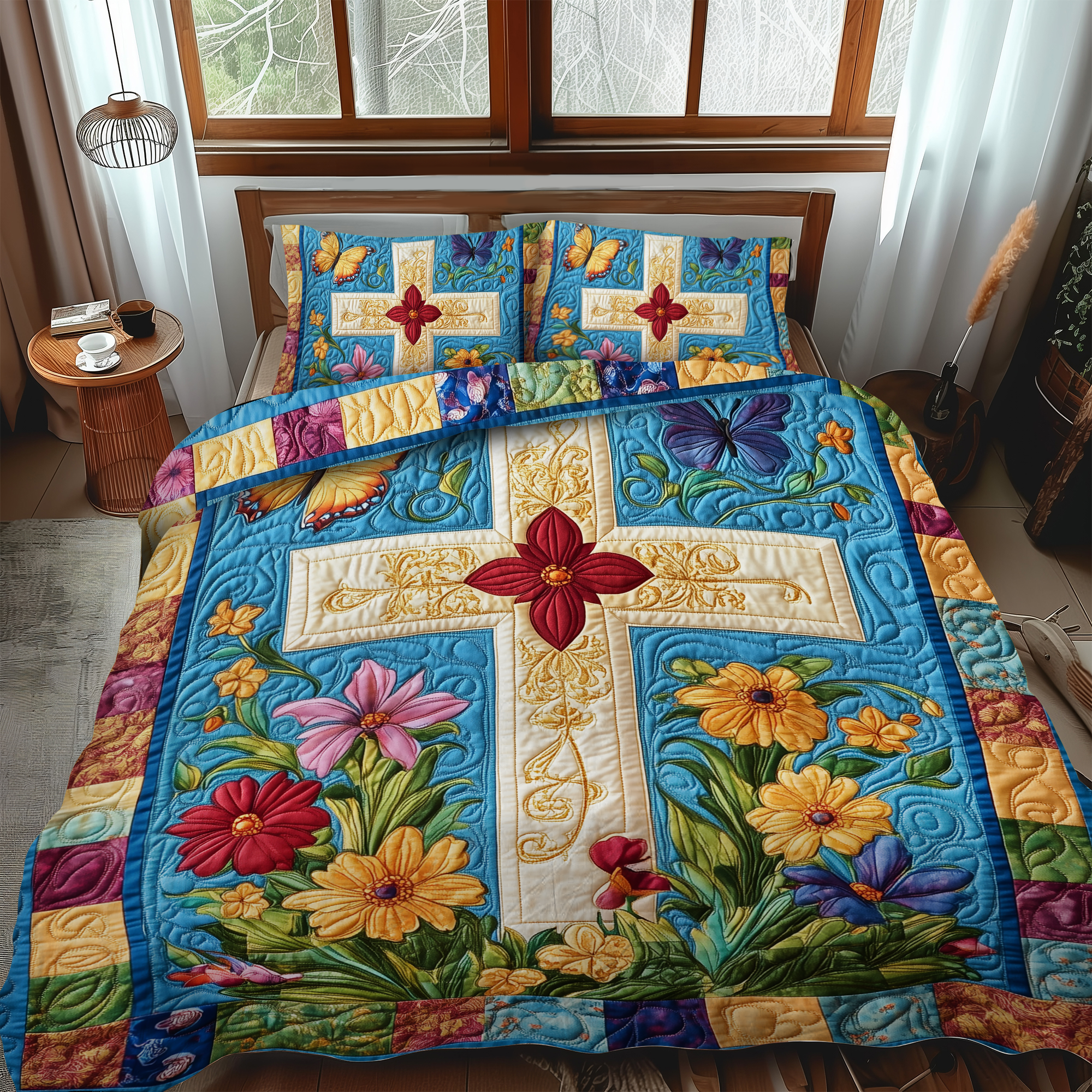 Set di Biancheria da Letto Trapuntata 3 Pezzi Croce Divina