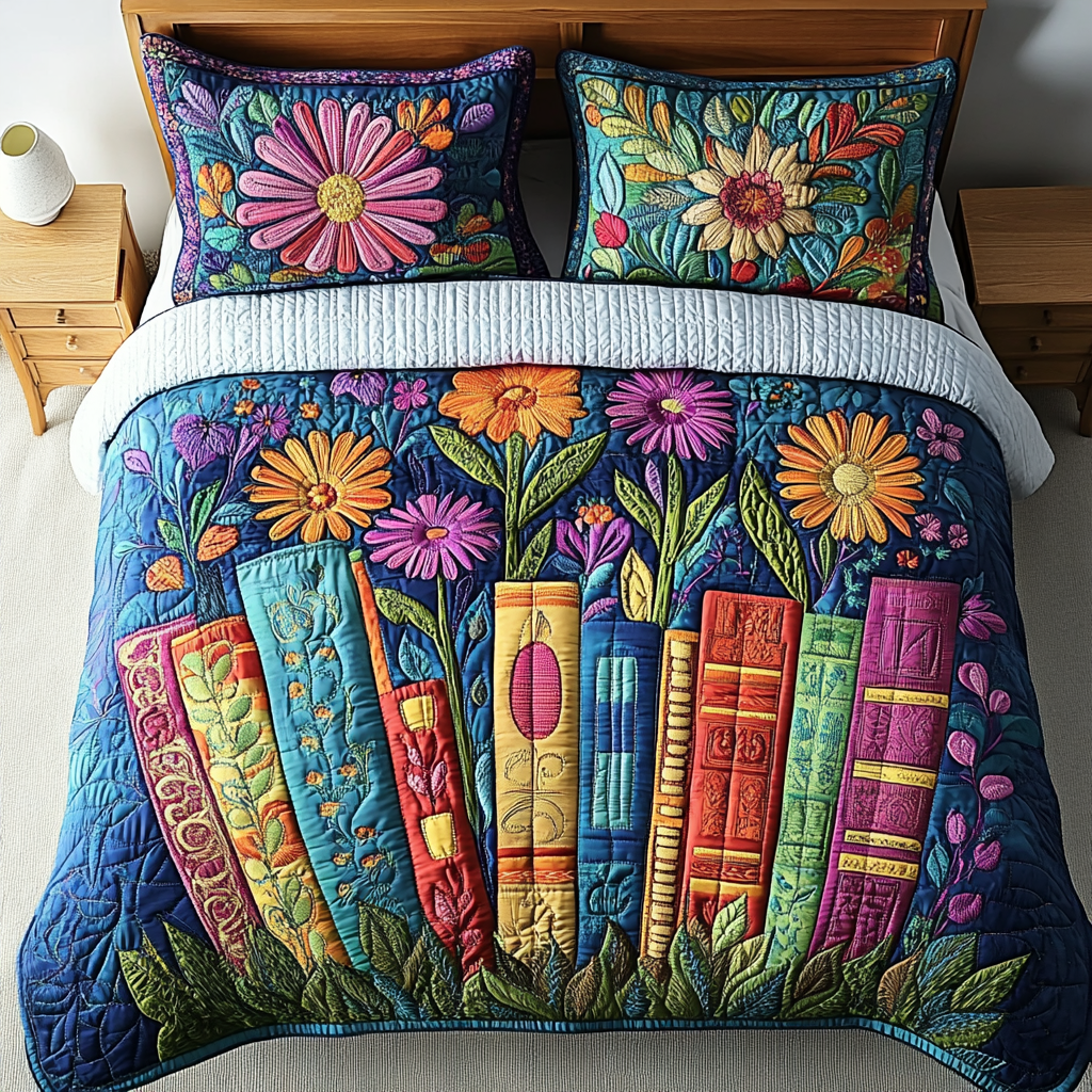Set di Biancheria da Letto Trapuntata 3 Pezzi Giardino dei Libri