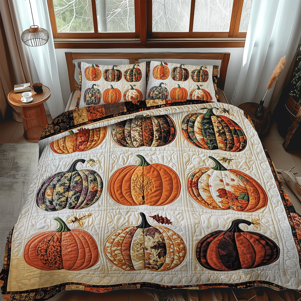 Set di Biancheria da Letto Trapuntata 3 Pezzi Zucca Festiva