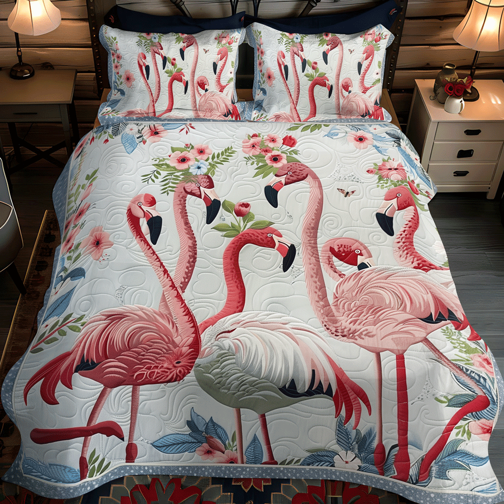 Set di Biancheria da Letto Trapuntata 3 Pezzi Laguna del Fenicottero