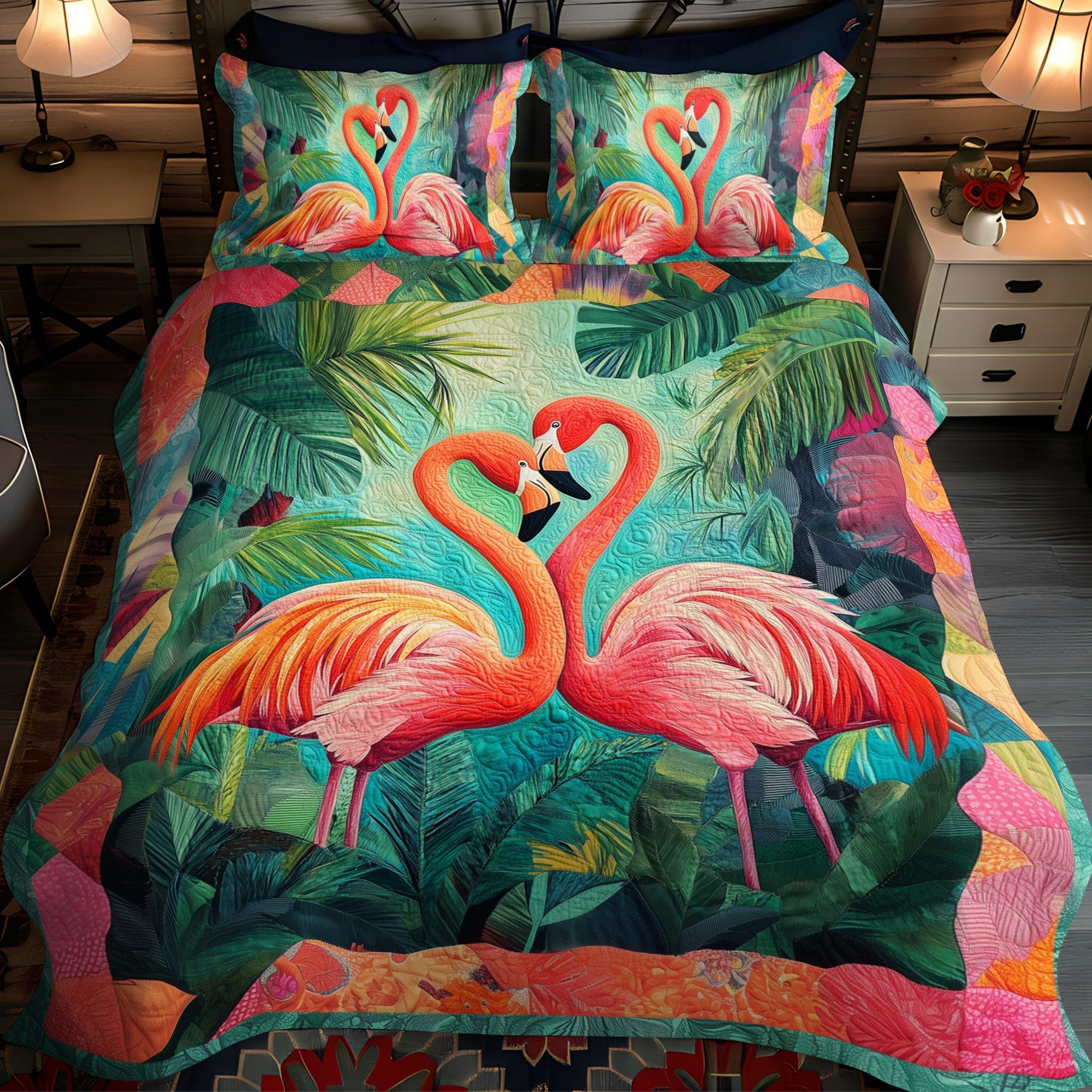 Set di Biancheria da Letto Trapuntata 3 Pezzi Amore del Fenicottero