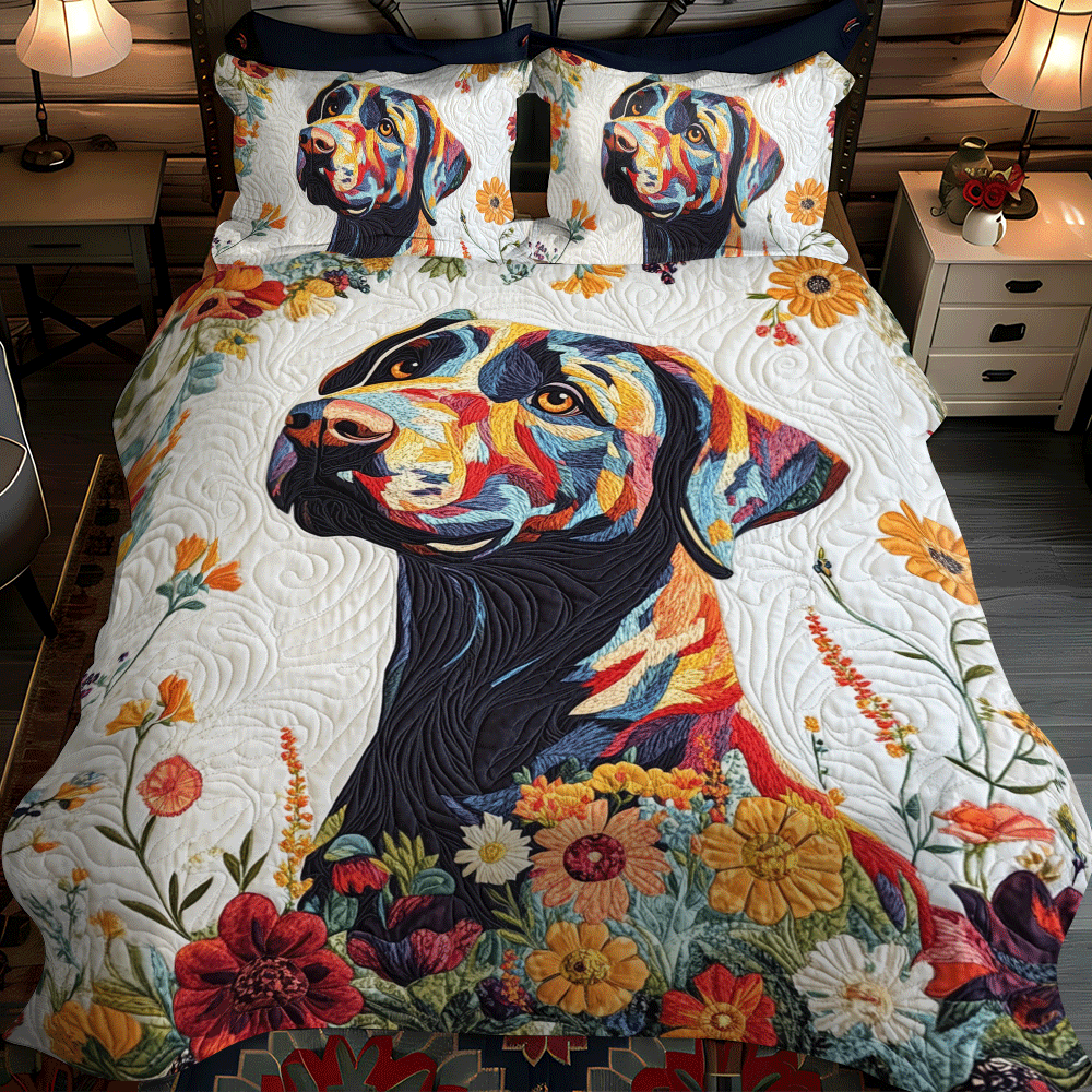 Set di Biancheria da Letto Trapuntata 3 Pezzi Labrador Floreale Adorabile