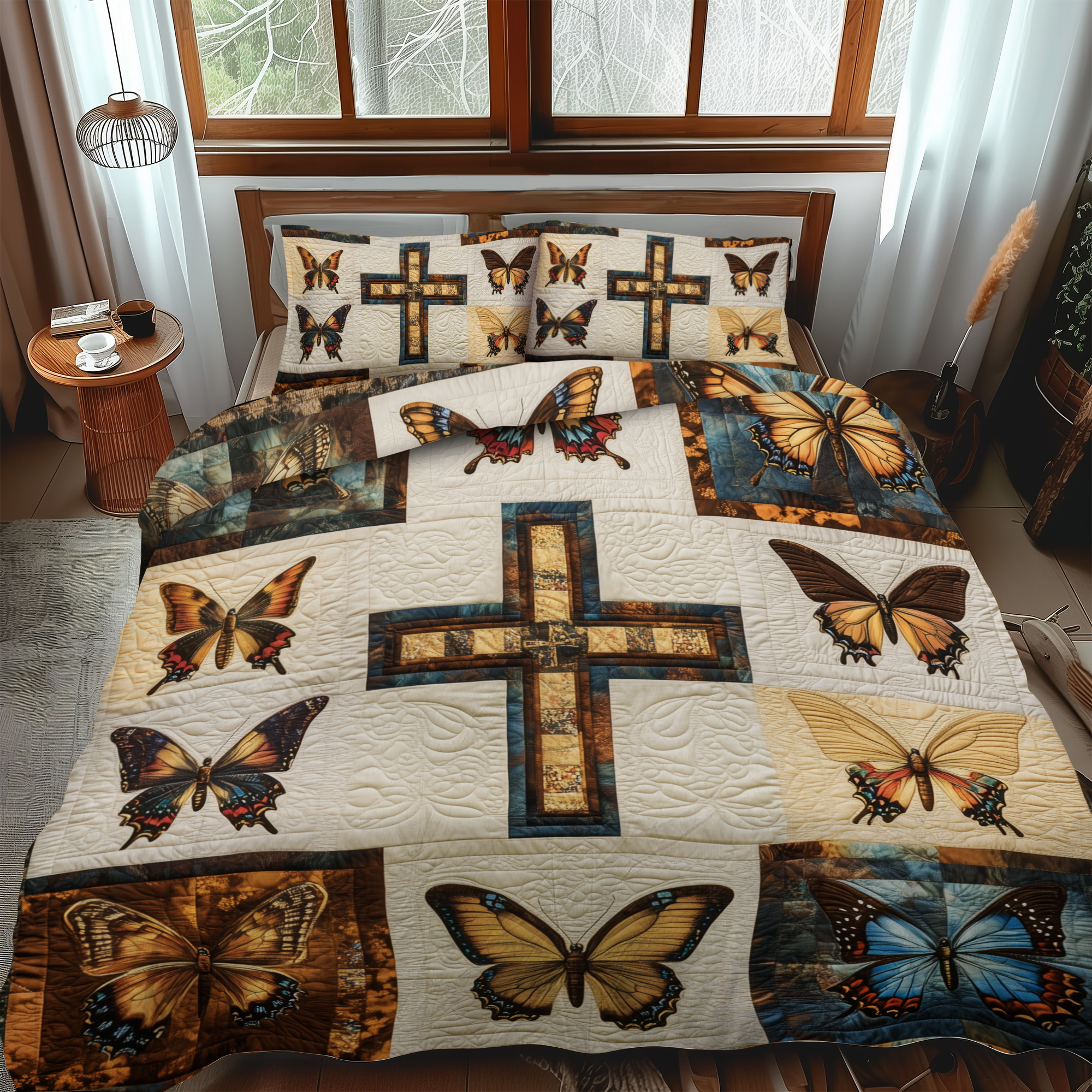 Set di Biancheria da Letto Trapuntata 3 Pezzi Croce Floreale