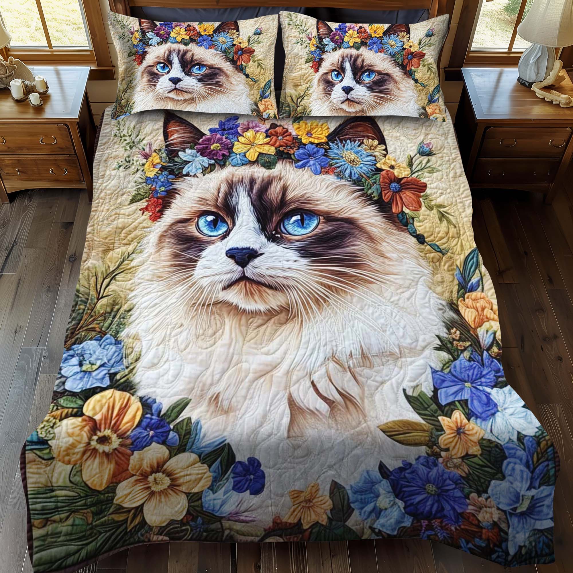 Set di Biancheria da Letto Trapuntata 3 Pezzi Gatto Floreale della Corona