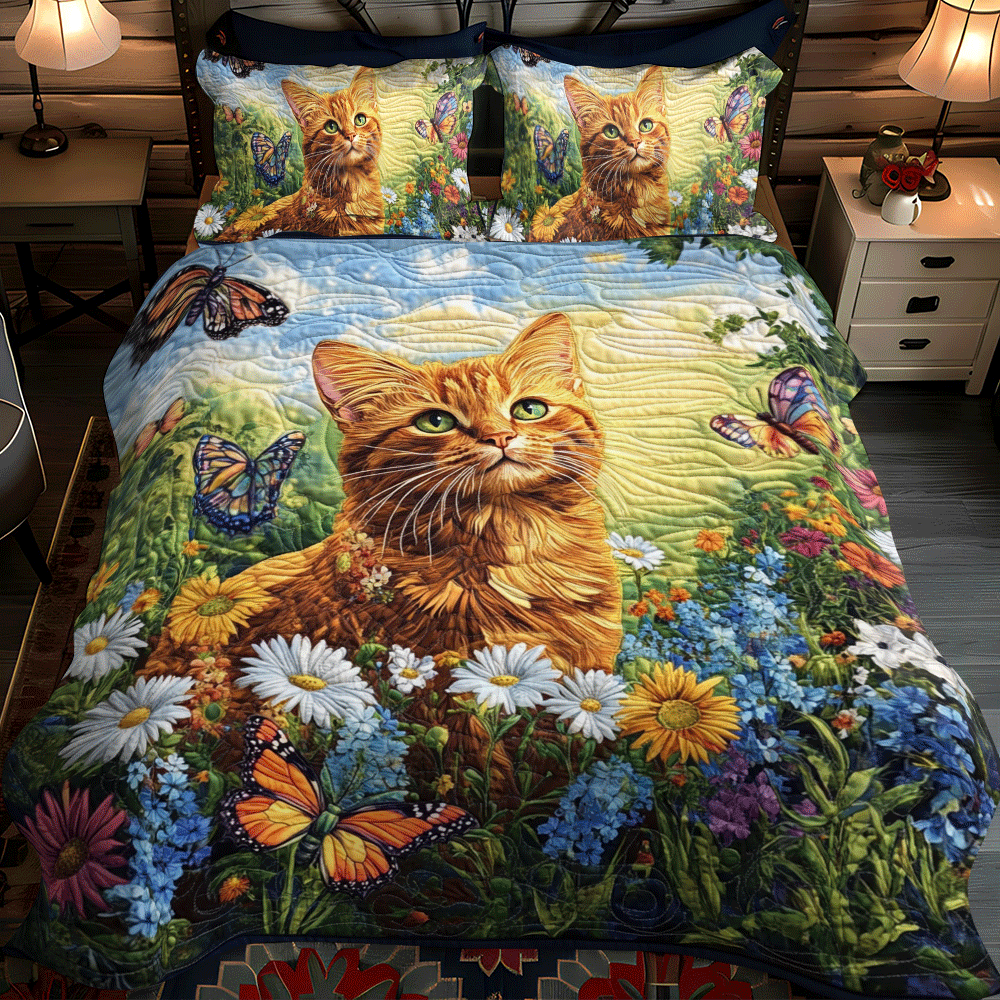 Set di Biancheria da Letto Trapuntata 3 Pezzi Gatto Floreale della Margherita
