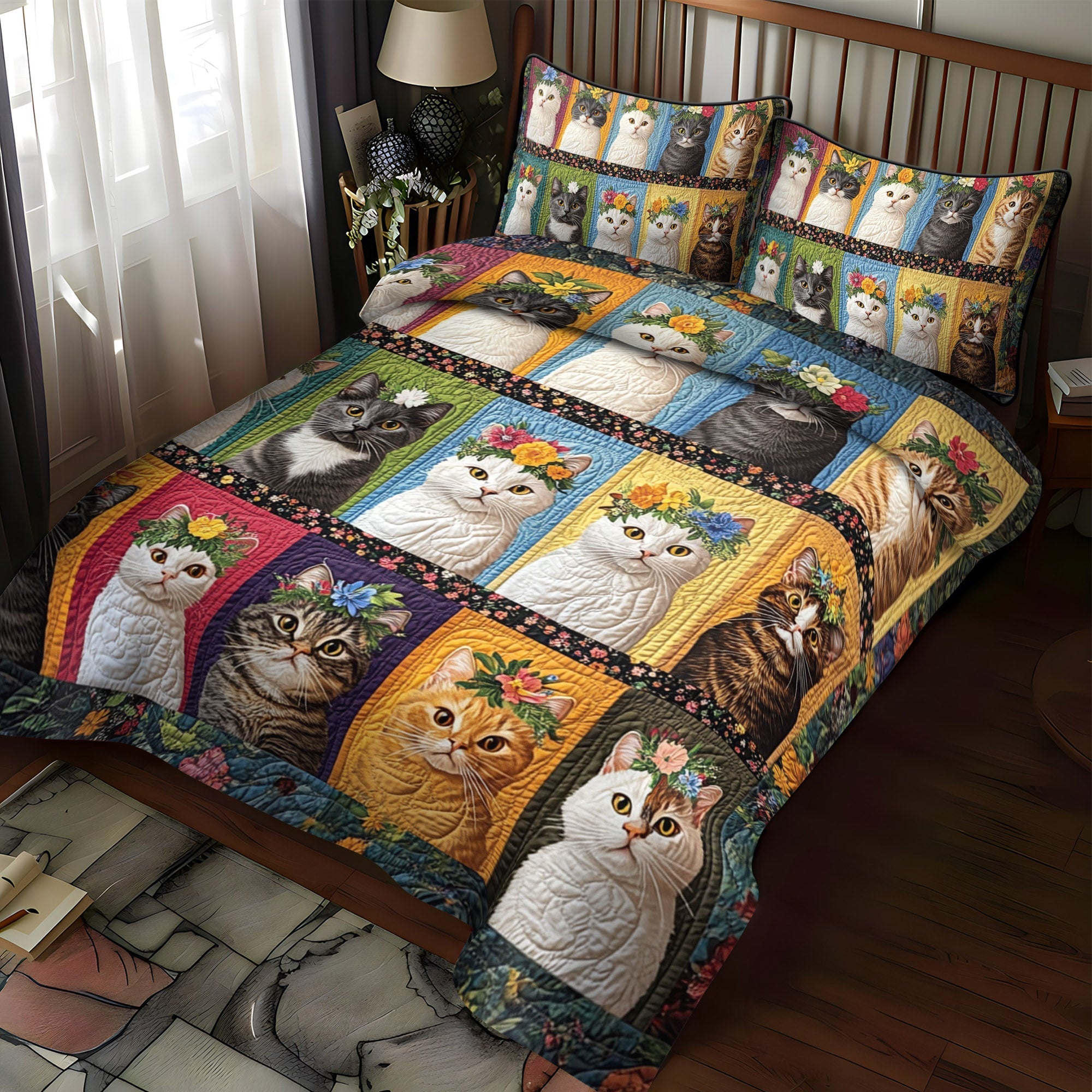 Set di Biancheria da Letto Trapuntata 3 Pezzi Felino Floreale
