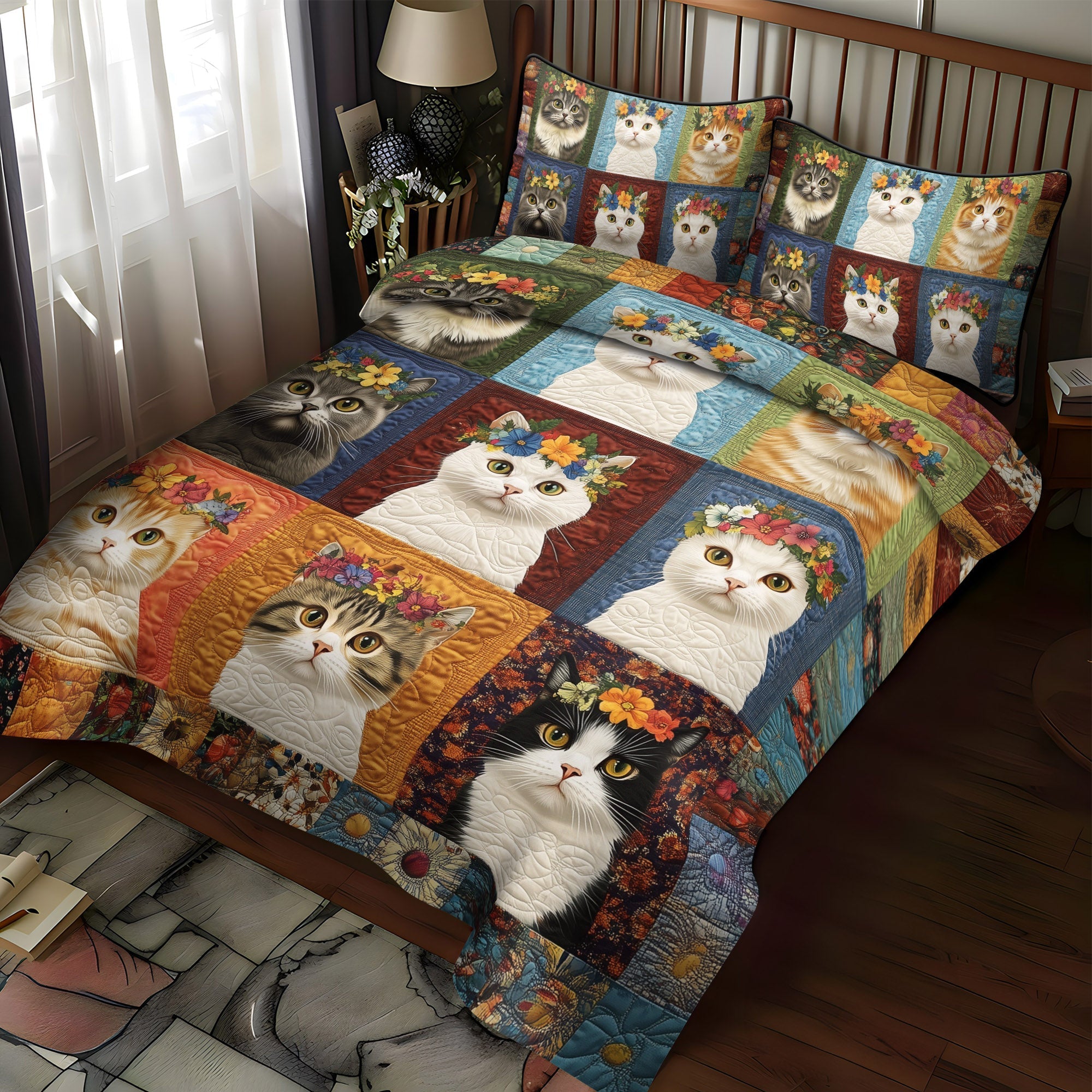 Set di Biancheria da Letto Trapuntata 3 Pezzi Gattino Floreale