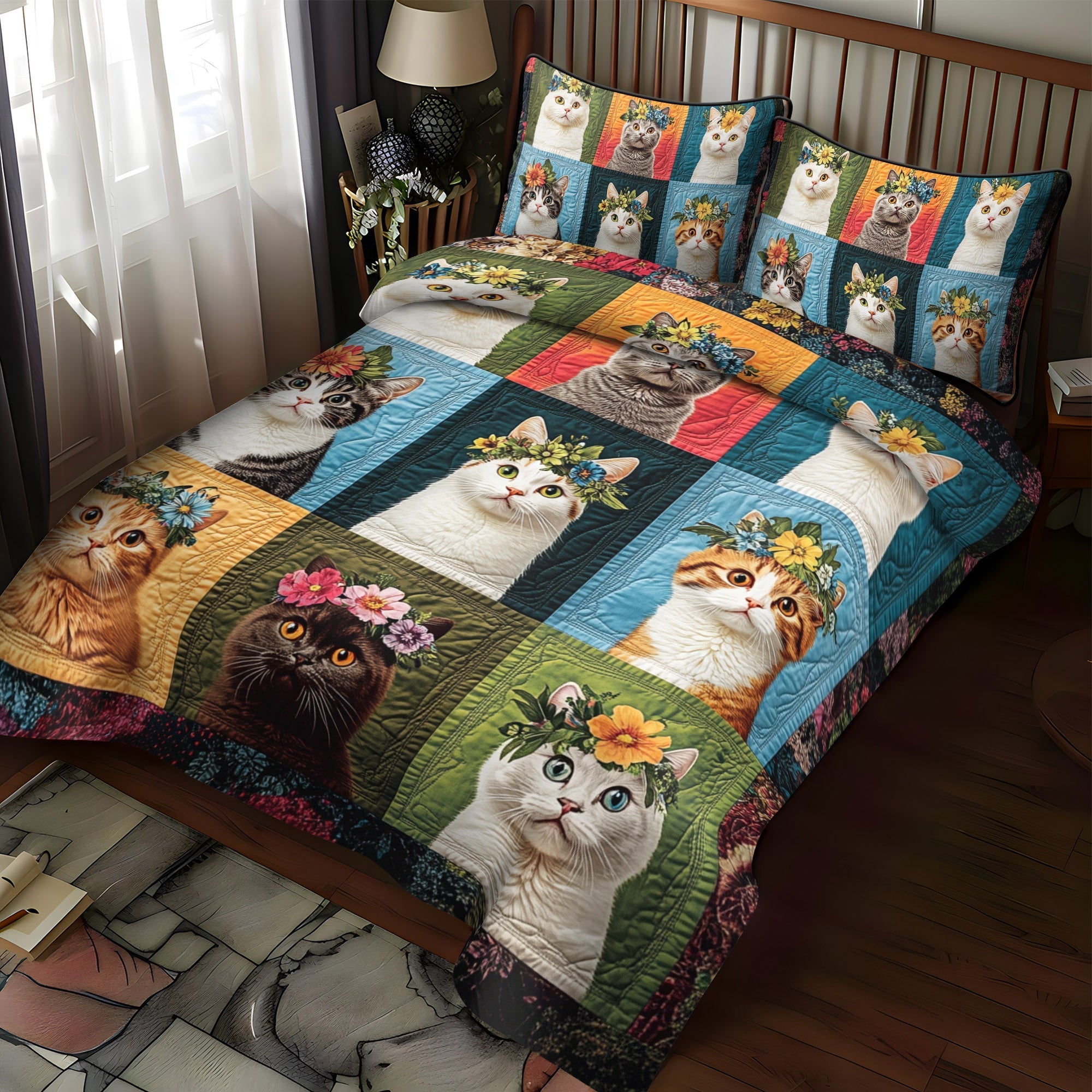 Set di Biancheria da Letto Trapuntata 3 Pezzi Baffi Floreali