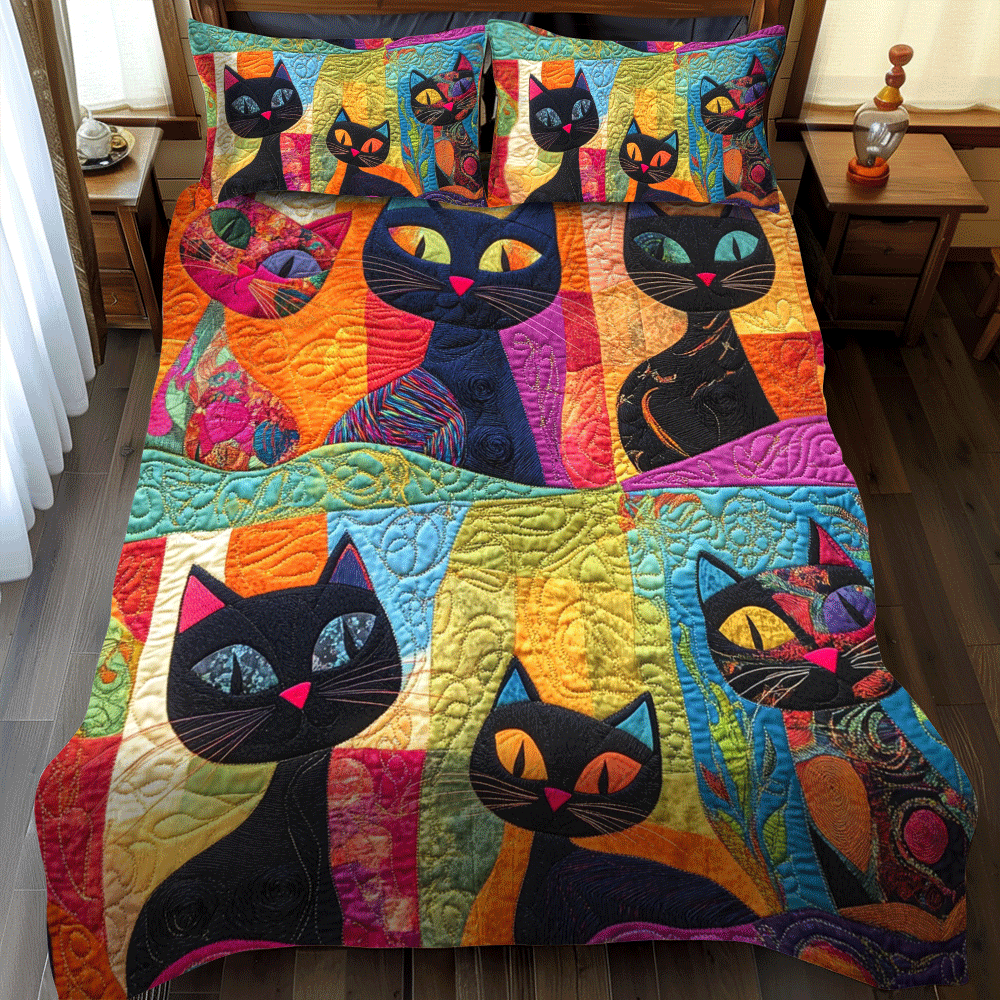 Set di Biancheria da Letto Trapuntata 3 Pezzi Patchwork di Funny del Gatto