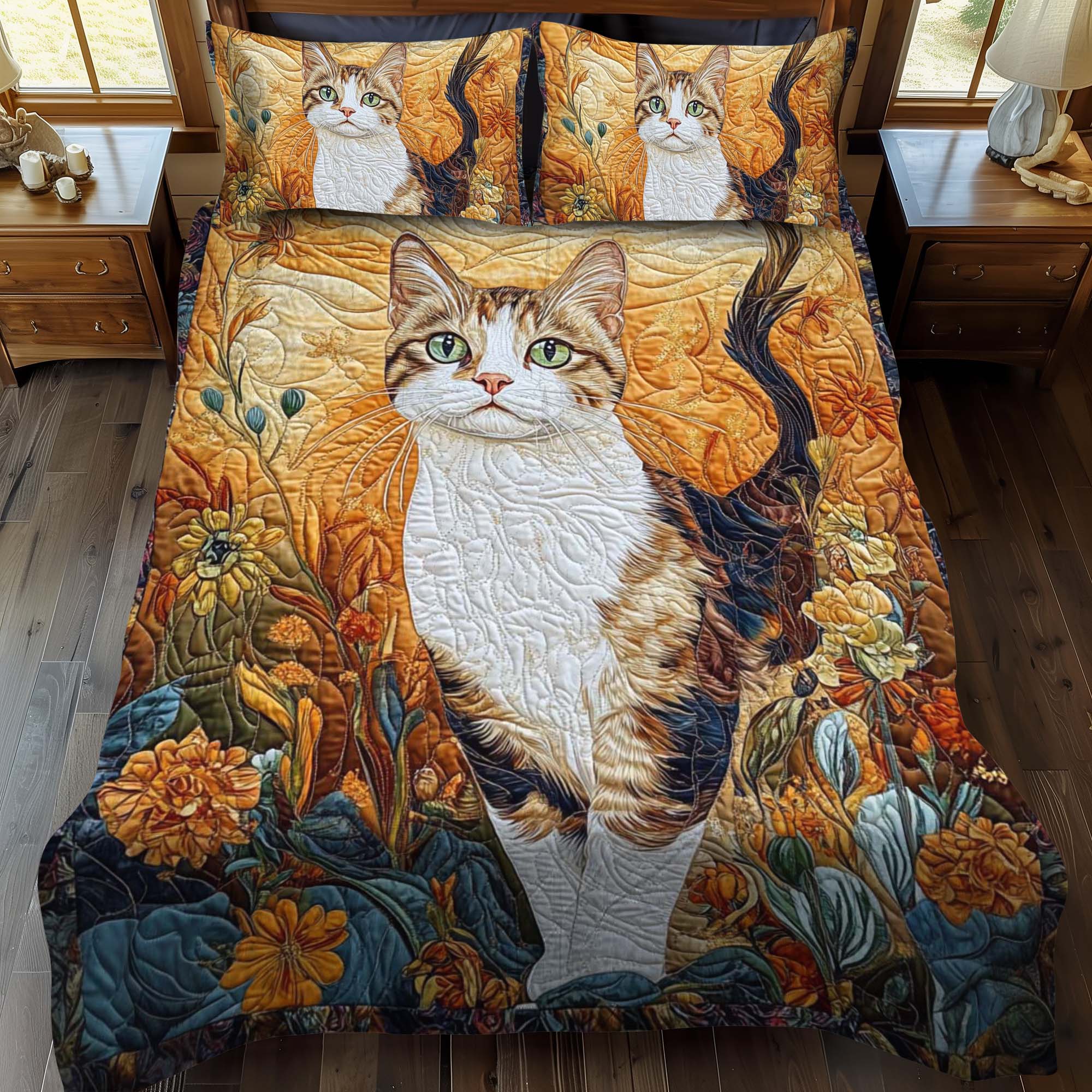 Set di Biancheria da Letto Trapuntata 3 Pezzi Gatto Dorato