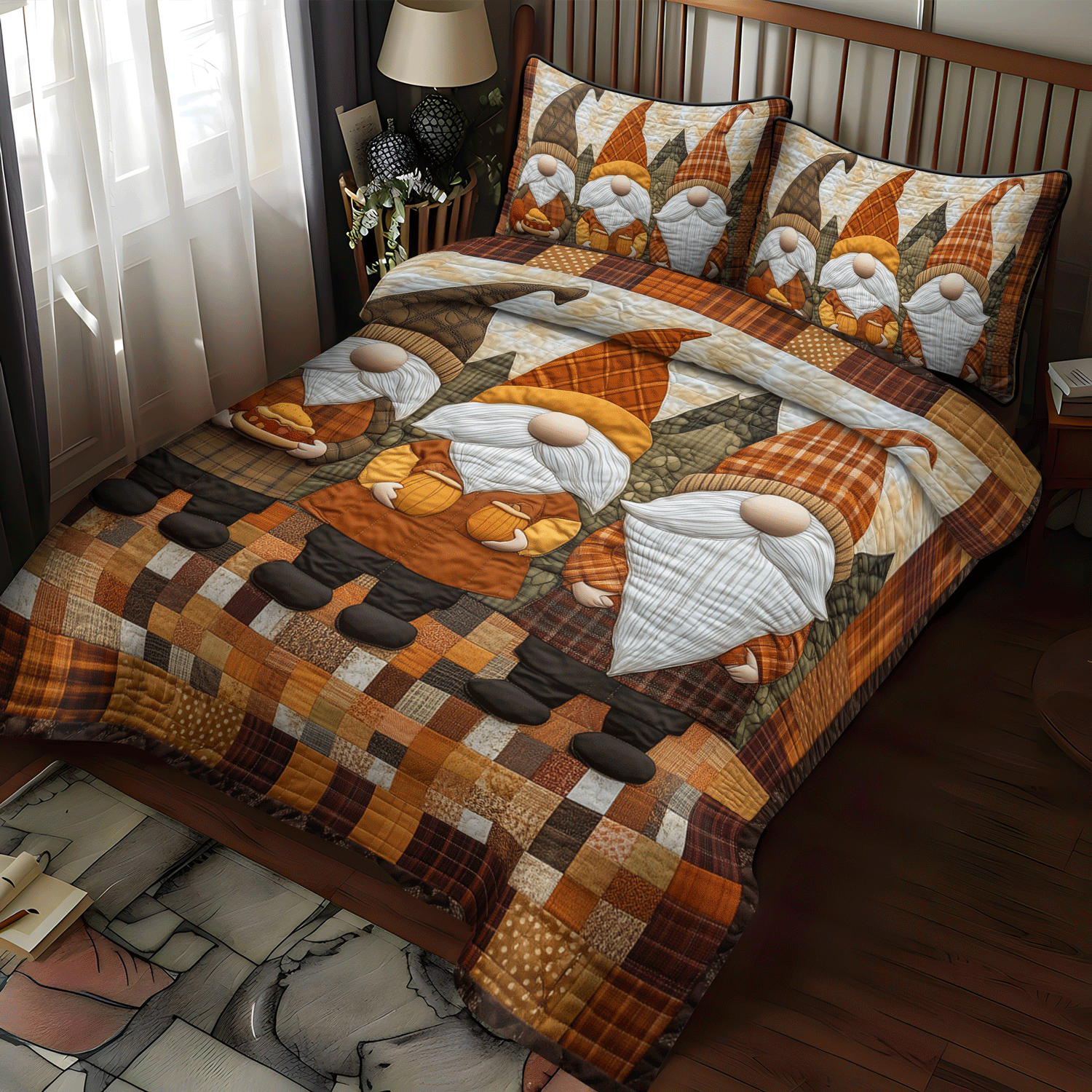 Set di Biancheria da Letto Trapuntata 3 Pezzi Zucche del Raccolto dello Gnomo