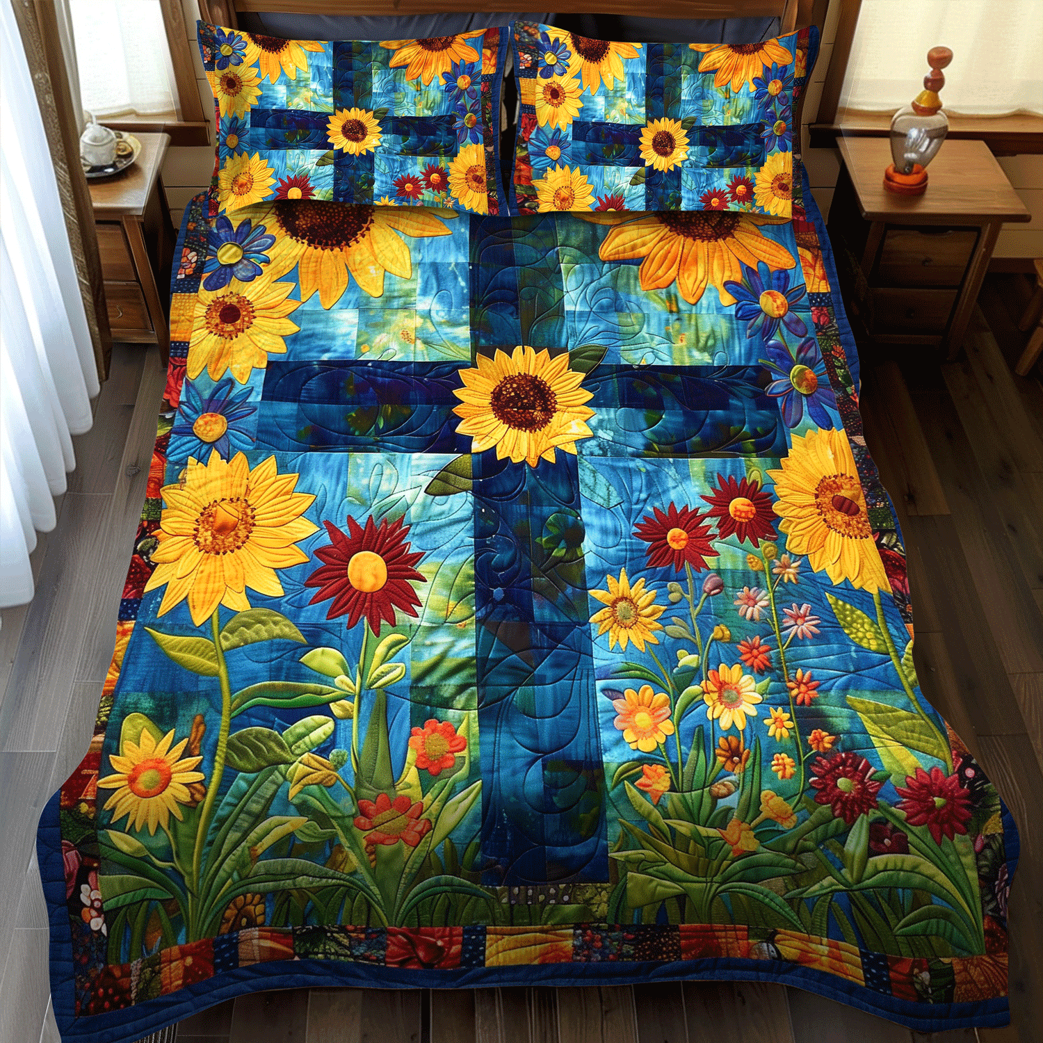 Set di Biancheria da Letto Trapuntata 3 Pezzi Giardino Celestiale