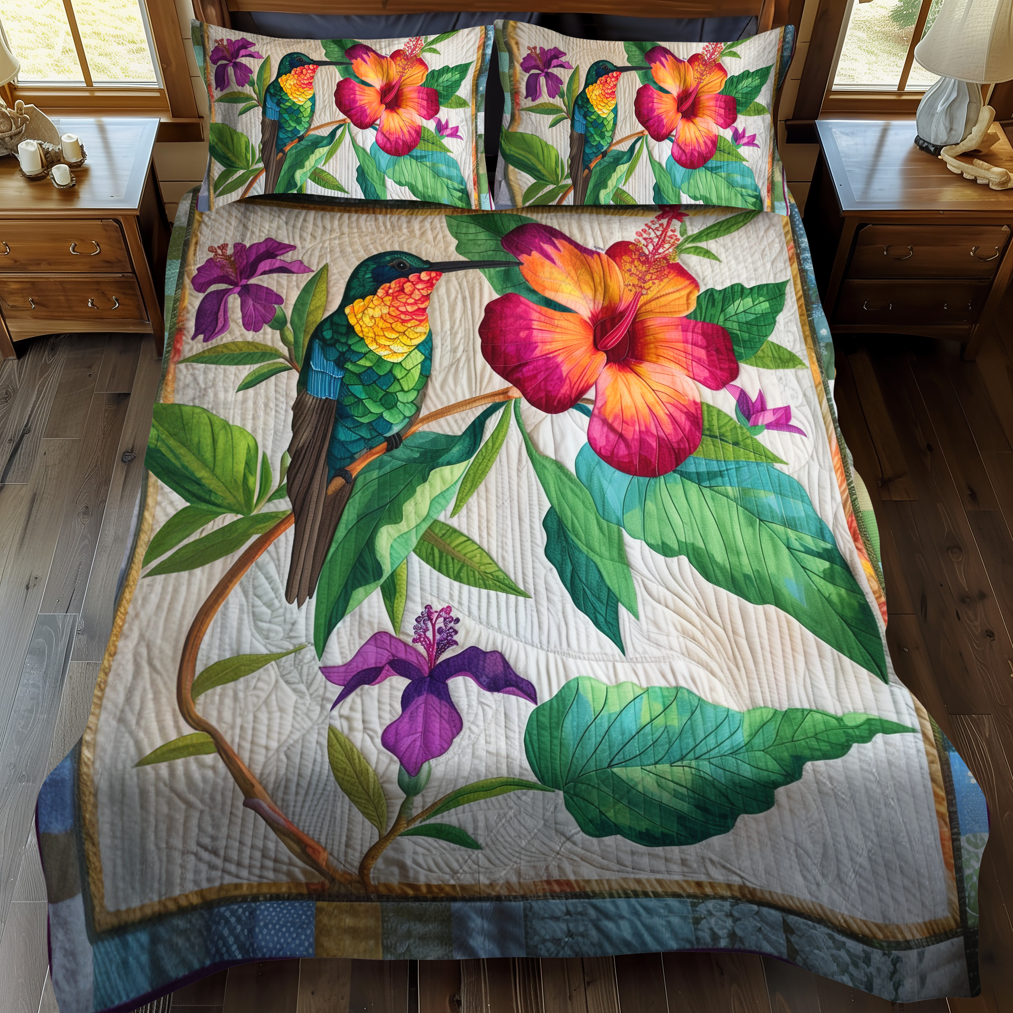 Set di Biancheria da Letto Trapuntata 3 Pezzi Ibisco Tropicale del Colibrì di With