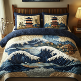 Set di Biancheria da Letto Trapuntata 3 Pezzi Fascino Giapponese della Pagoda dell'Onda
