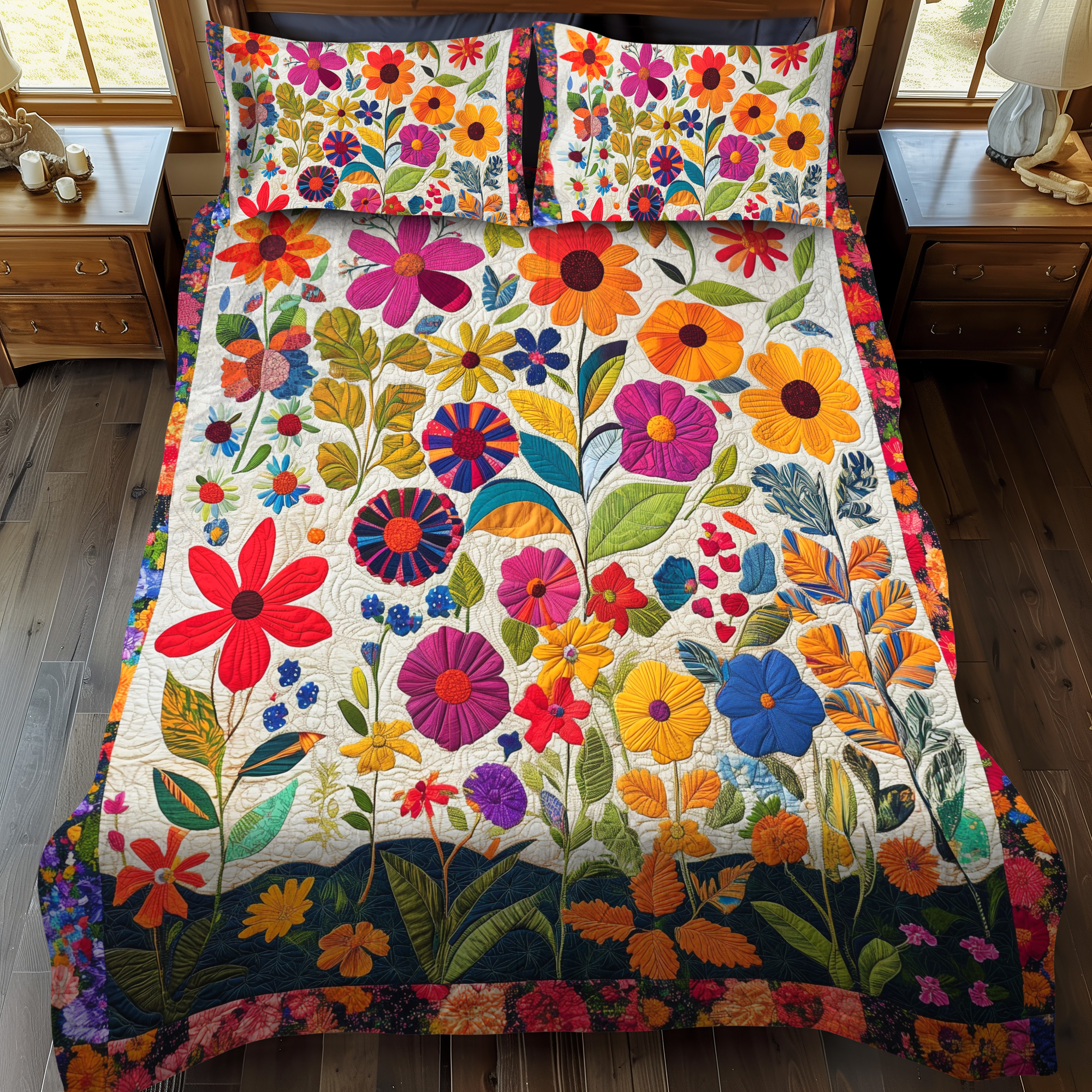 Set di Biancheria da Letto Trapuntata 3 Pezzi Fiori Lussureggianti