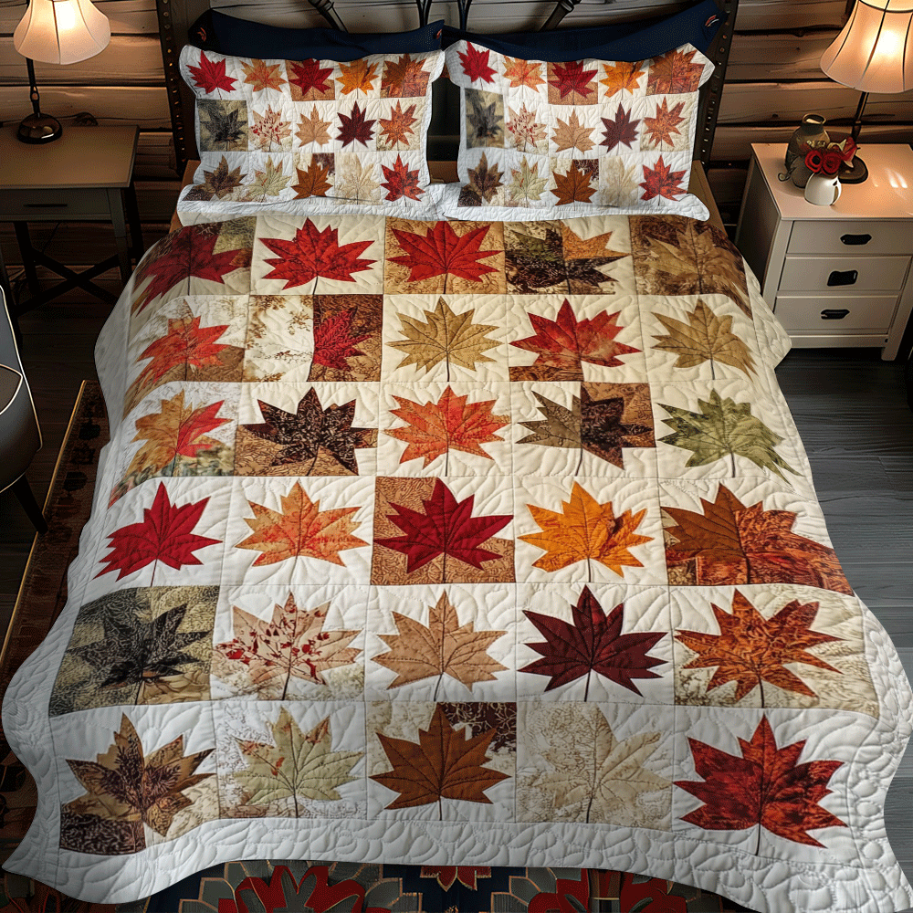 Set di Biancheria da Letto Trapuntata 3 Pezzi Autunno dell'Acero delle Foglie