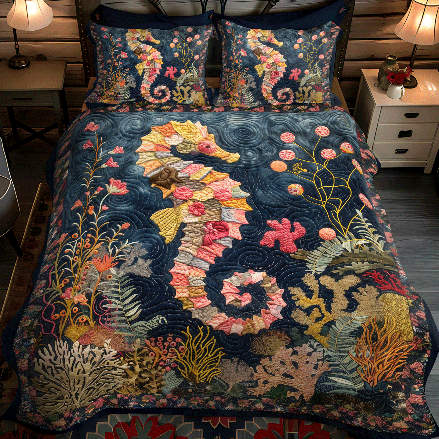 Set di Biancheria da Letto Trapuntata 3 Pezzi Giardino Marino