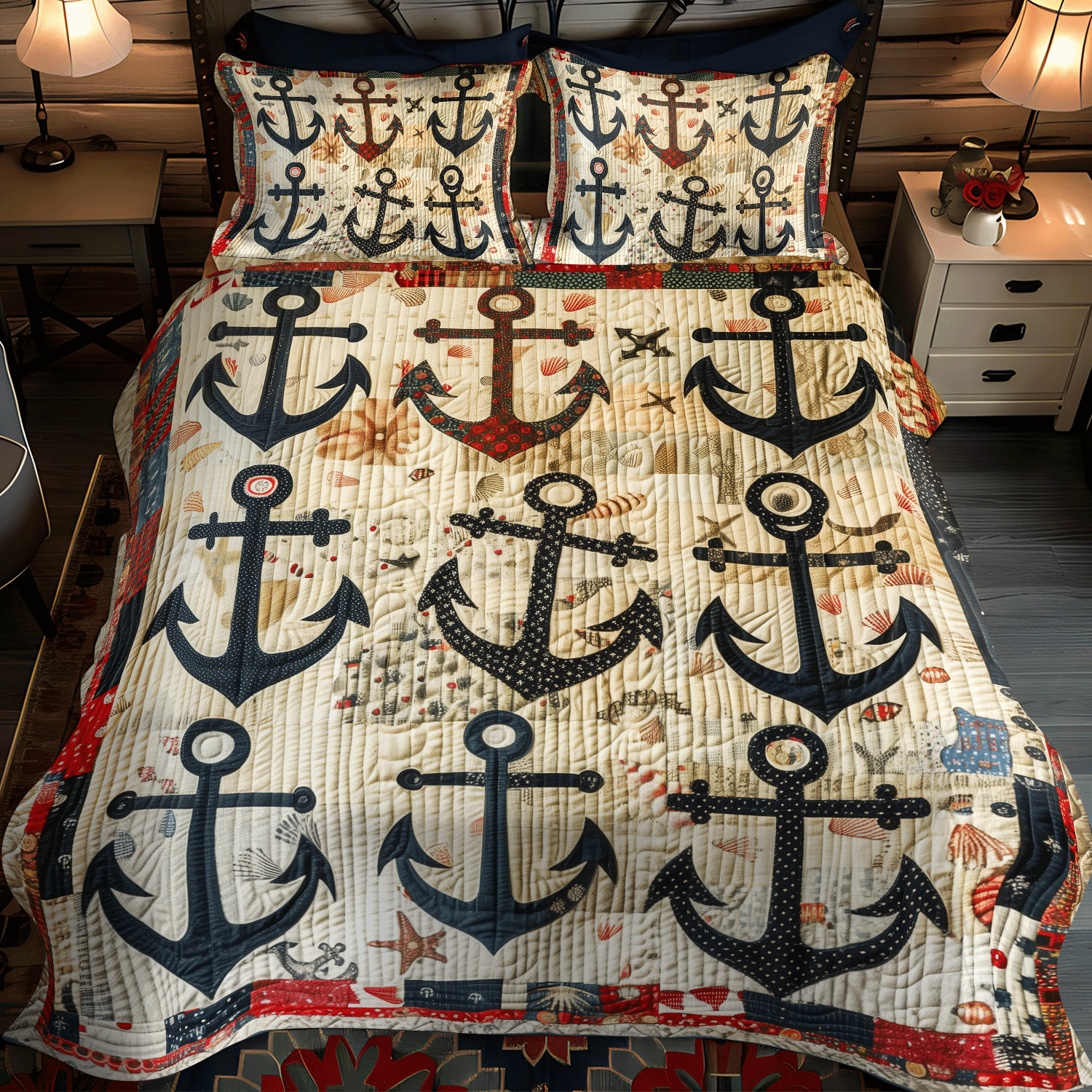 Set di Biancheria da Letto Trapuntata 3 Pezzi Ancore di Maritime